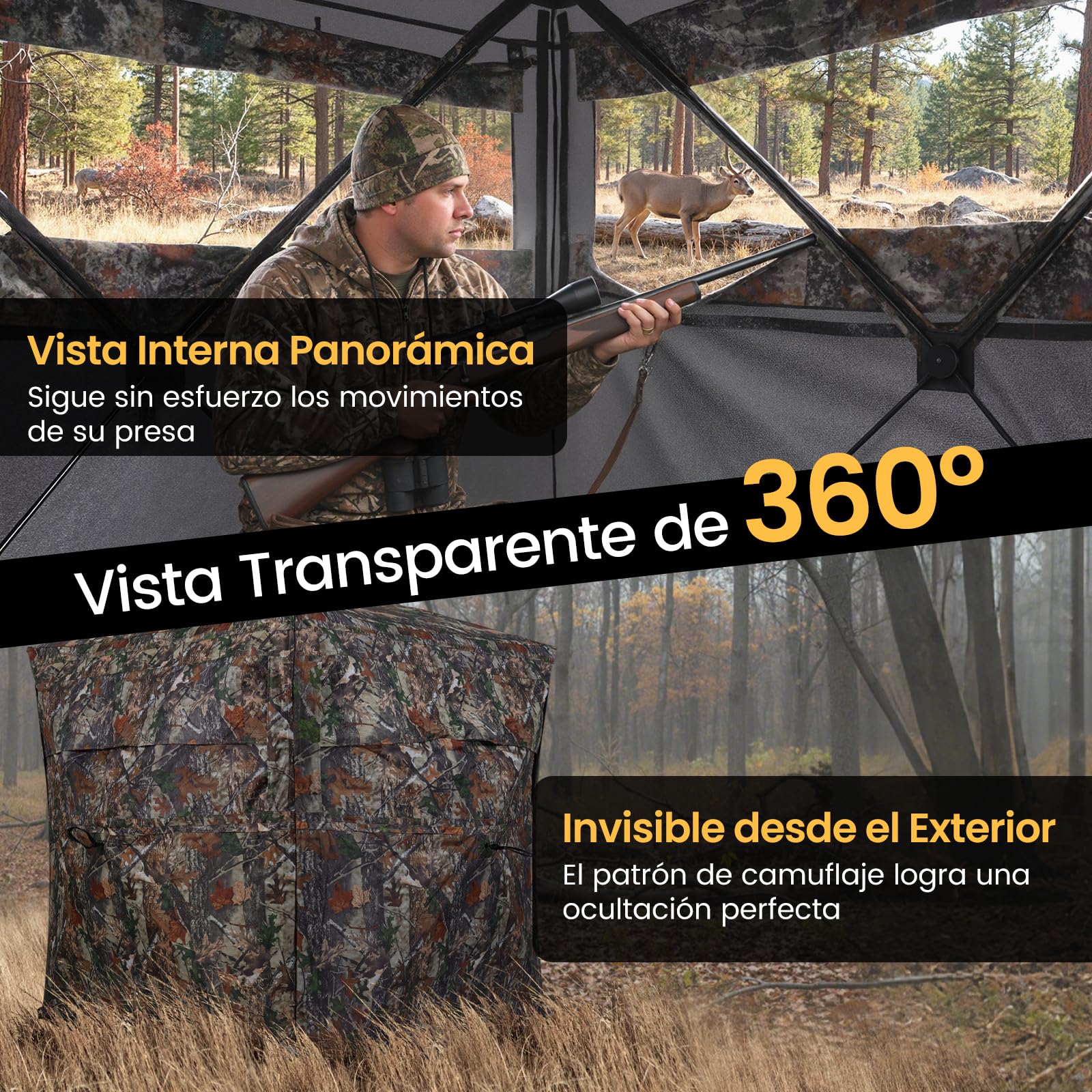 COSTWAY Persiana de Caza Portátil, Vista de 360°, Puesto de Caza para 4 Personas, Ventanas de Deslizamiento Silencioso, Bolsa de Transporte, Carpa Plegable Portátil, Camuflaje