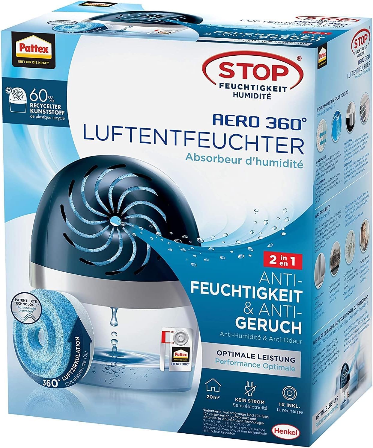 Pattex AERO 360º Luftentfeuchter, ultra-absorbierend, hilft Kondenswasser, Schimmel- und Modergeruch zu vermeiden, nachfüllbarer Raumluftentfeuchter, 6x 1 Gerät inkl. 1 Nachfülltab 450g