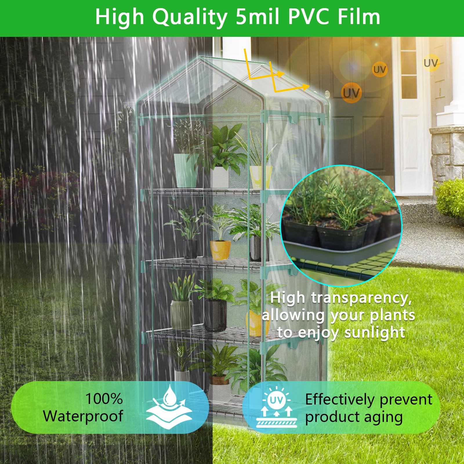 4-Tier Mini Greenhouse – 27x19x62 Inch Portable Indoor/Outdoor Greenhouse With Clear PVC Cover, 4 Shelves