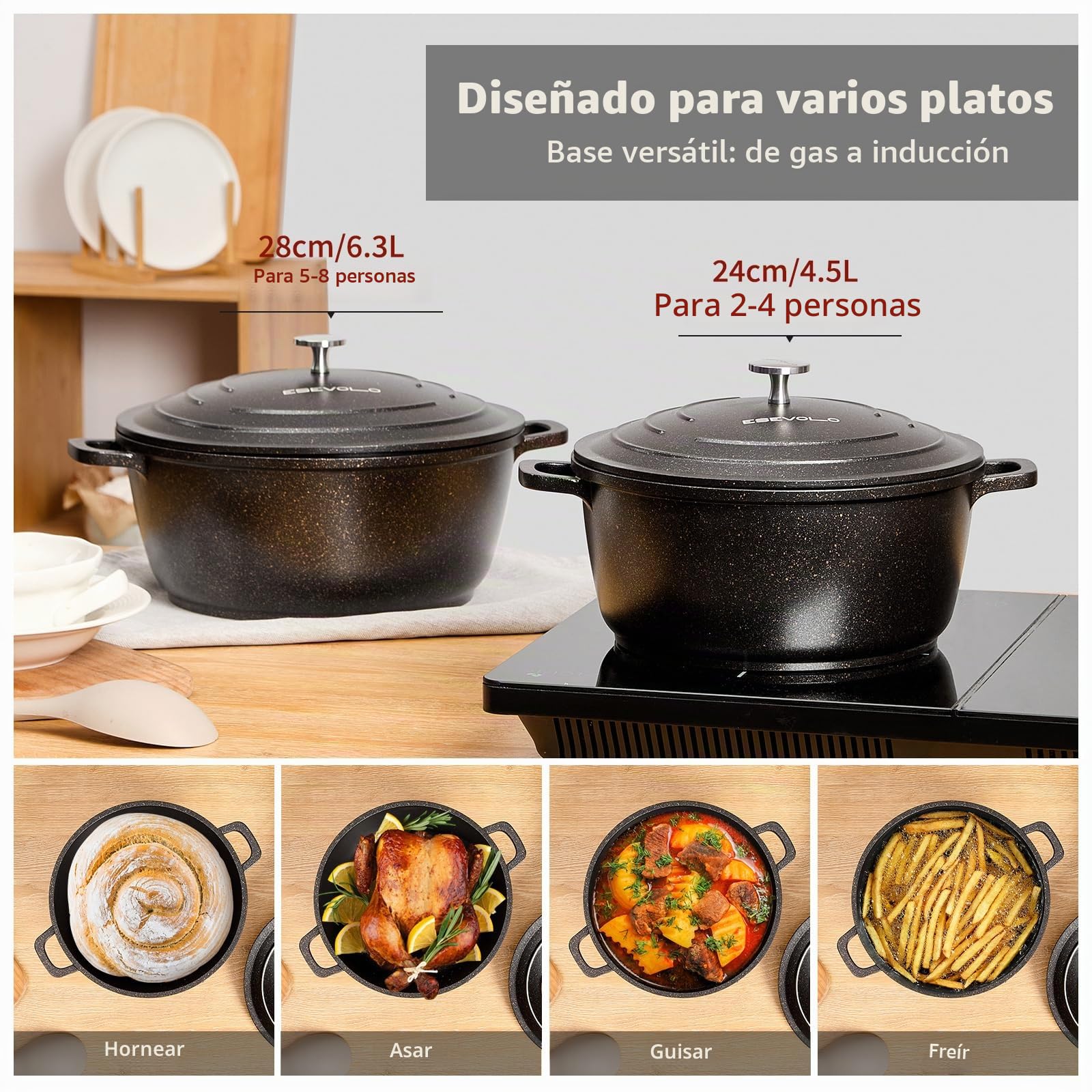 Olla de hierro fundido (24 cm), diseño redondo de aluminio fundido con revestimiento antiadherente, olla con tapa, ideal para sopa, estofados, pan, horno y gas, color negro