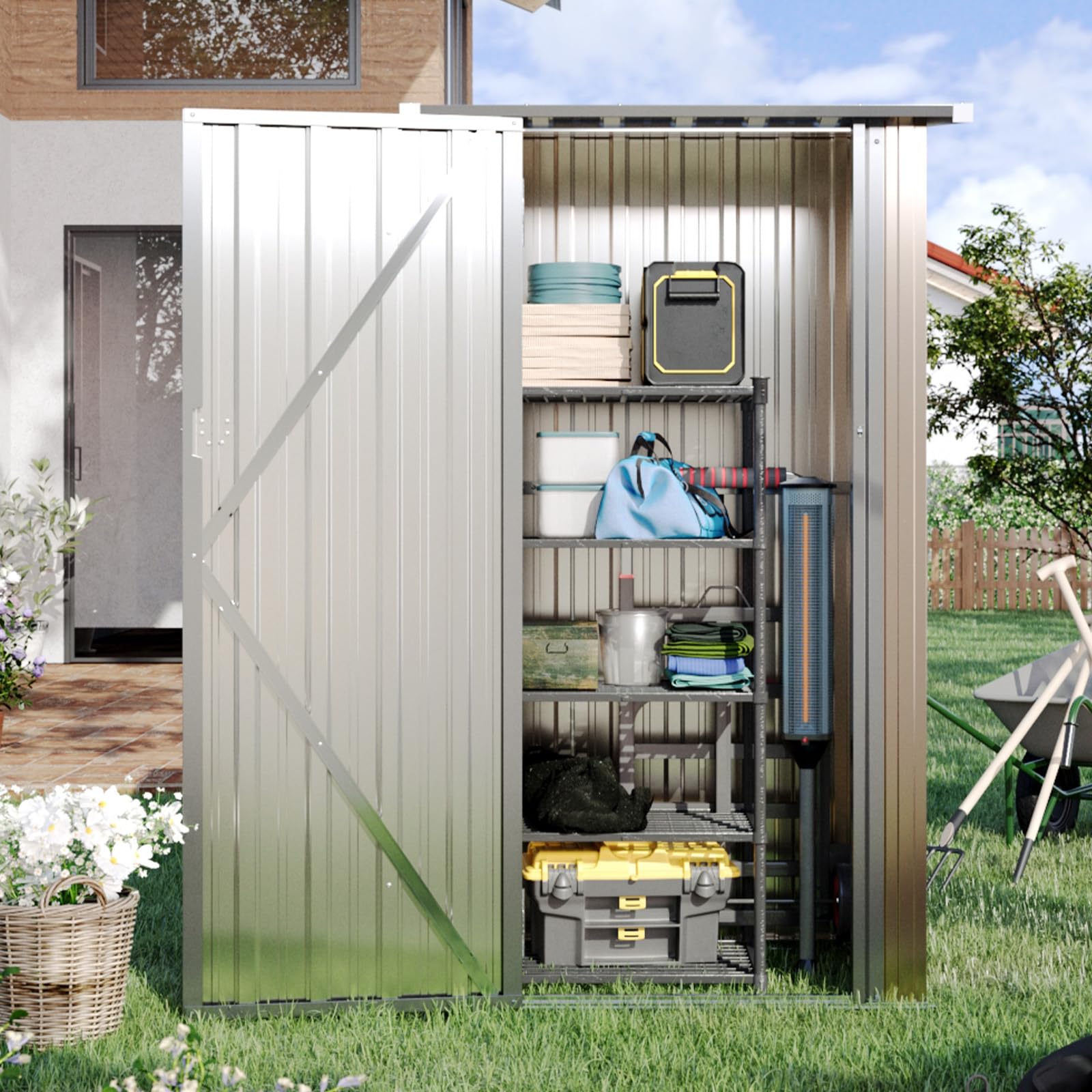 Aoxun Metall Gerätehaus 88x61x164cm Geräteschuppen mit Pultdach abschließbarer Tür Dunkelgrau Braun