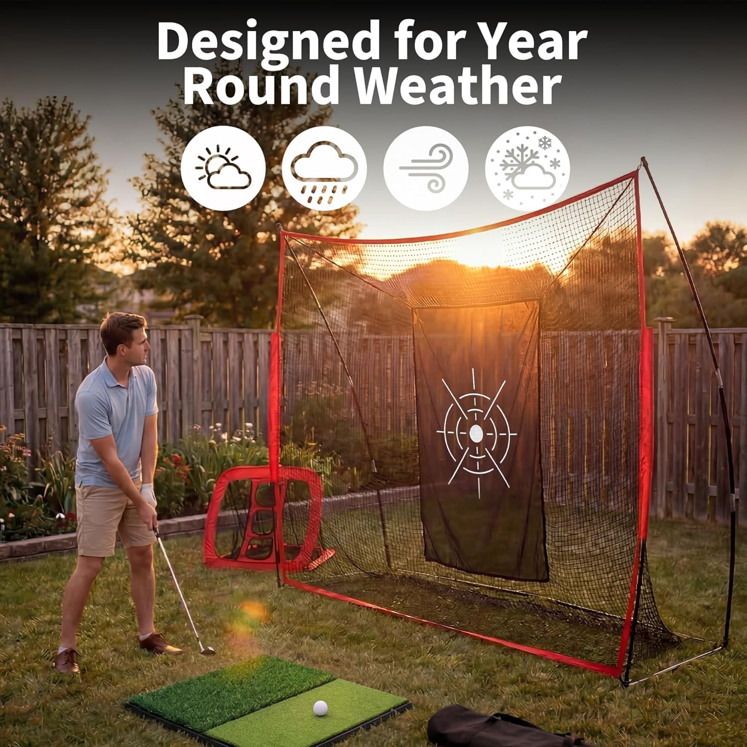 Filet de Golf 304×213×91cm Rouge, Kit Complet avec Tube en Fer et Filet en Polyester, Filet d’Entraînement de Frappe pour Jardin, Intérieur et Extérieur