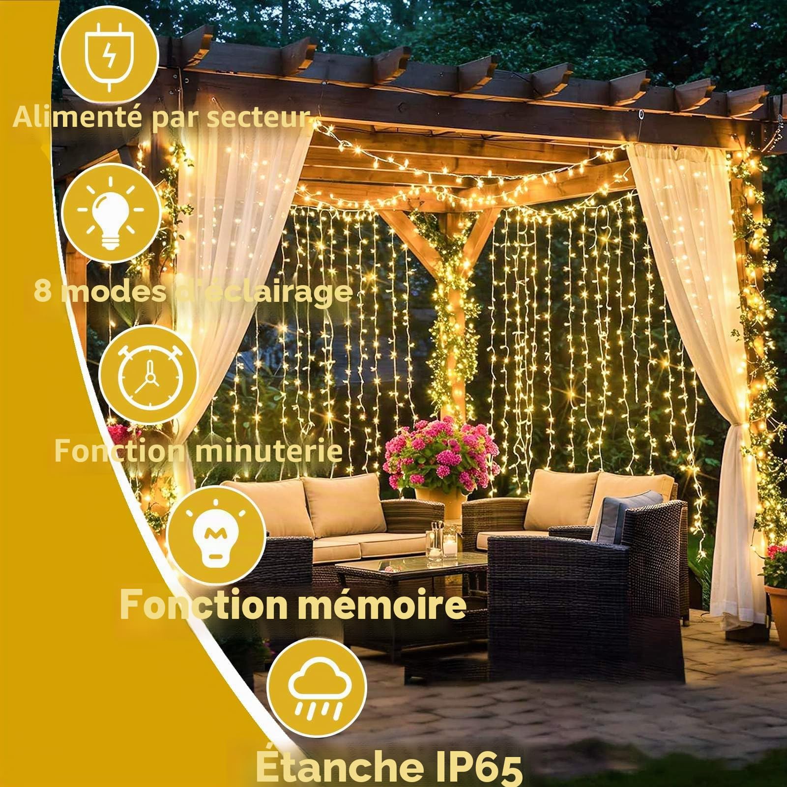 Joycome Rideau Lumineux, 6x3m 600 LED Guirlande Rideau Lumineuse Alimenta Secteur, 8 Modes Guirlande Lumineuse Pour Interieur Exterieure Murale Chambre Plafond Balcon Mariage Décoration - Blanc Chaud