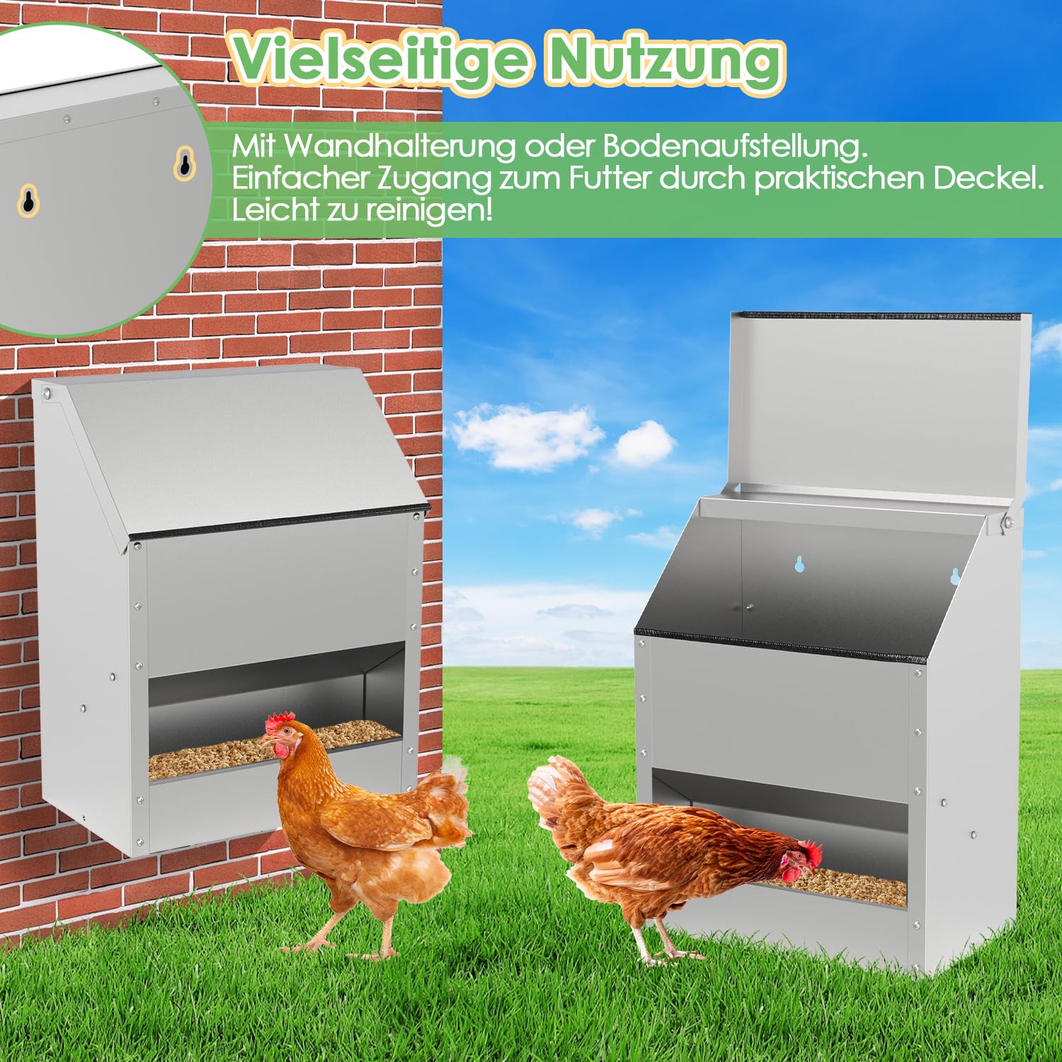 Mangiatoia automatica per polli, set da 2 pezzi, 11,5 kg ciascuno, lamiera d'acciaio zincata | Mangiatoia per pollame in lamiera d'acciaio zincata con coperchio, pala, guanti e protezione bordi per stalla e voliera.
