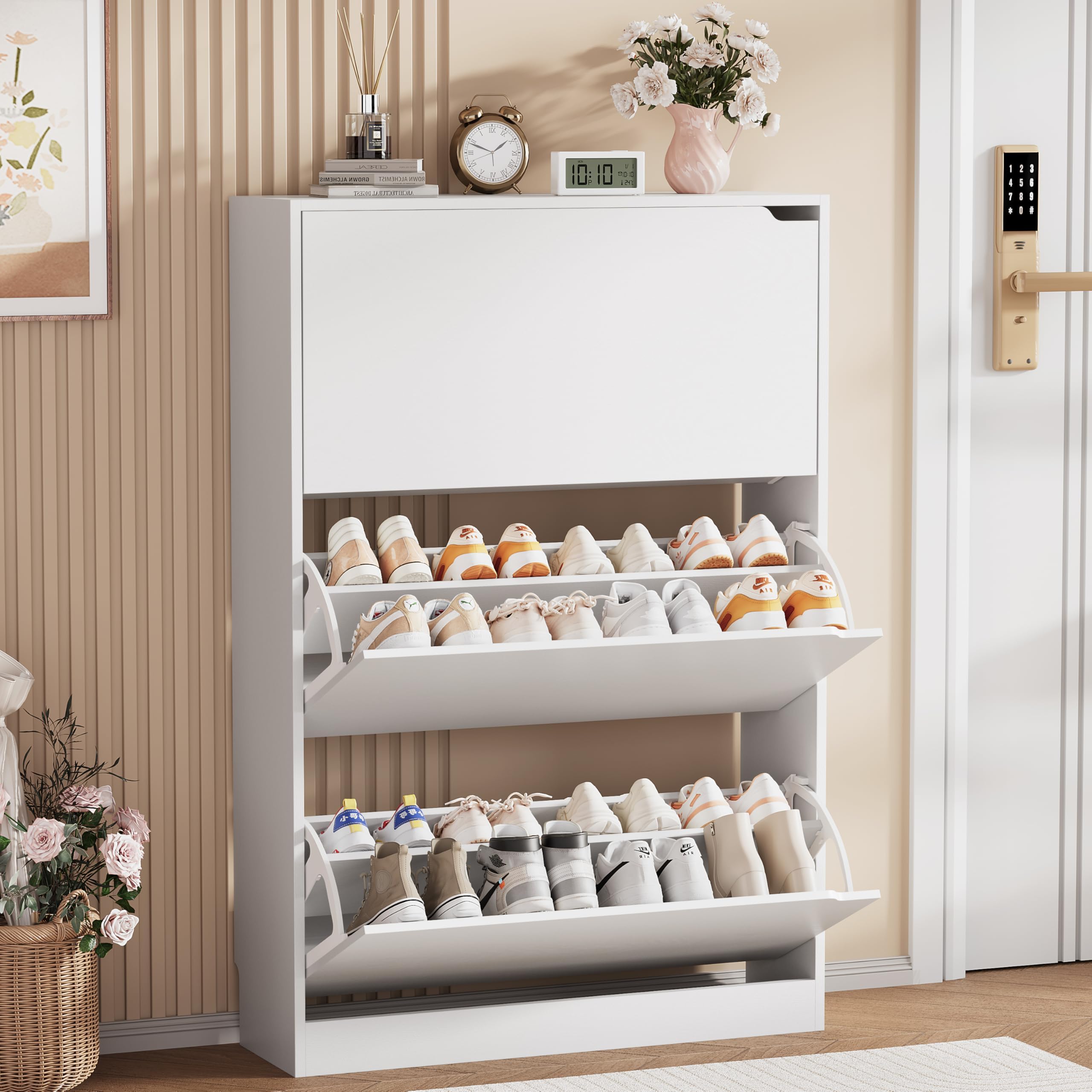 Shoe Storage Cabinet, Wood Shoe Organizer for Entryway with 3 Flip Drawers, Freestanding Shoe Rack with Adjustable Shelf, Narrow Shoe Dresser for Front Door Entrance(White, 47.2