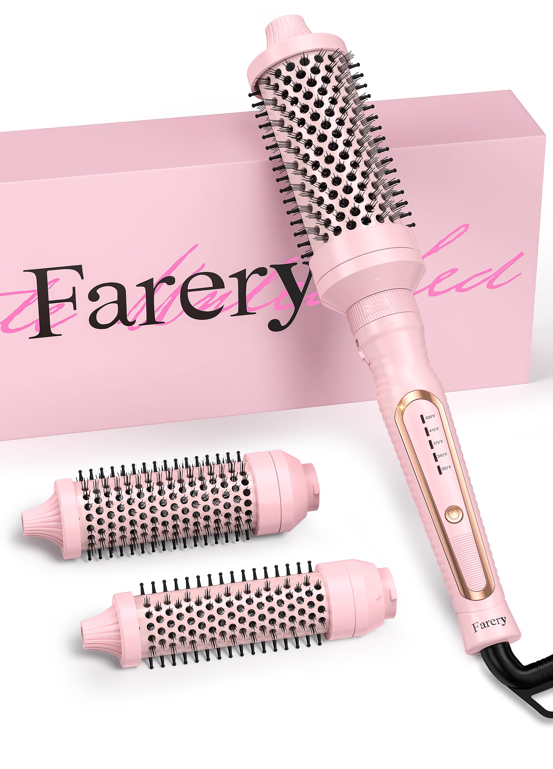 Farery PRO 3-in-1 Thermal Brush Set - Adjustable Temperature, Detachable Curling Brush Heads (1.25", 1.5", 1.77"), Dual MCH, 20s Fast Heating for Quick Blowout Look & Natural Curls, Rose Pink
