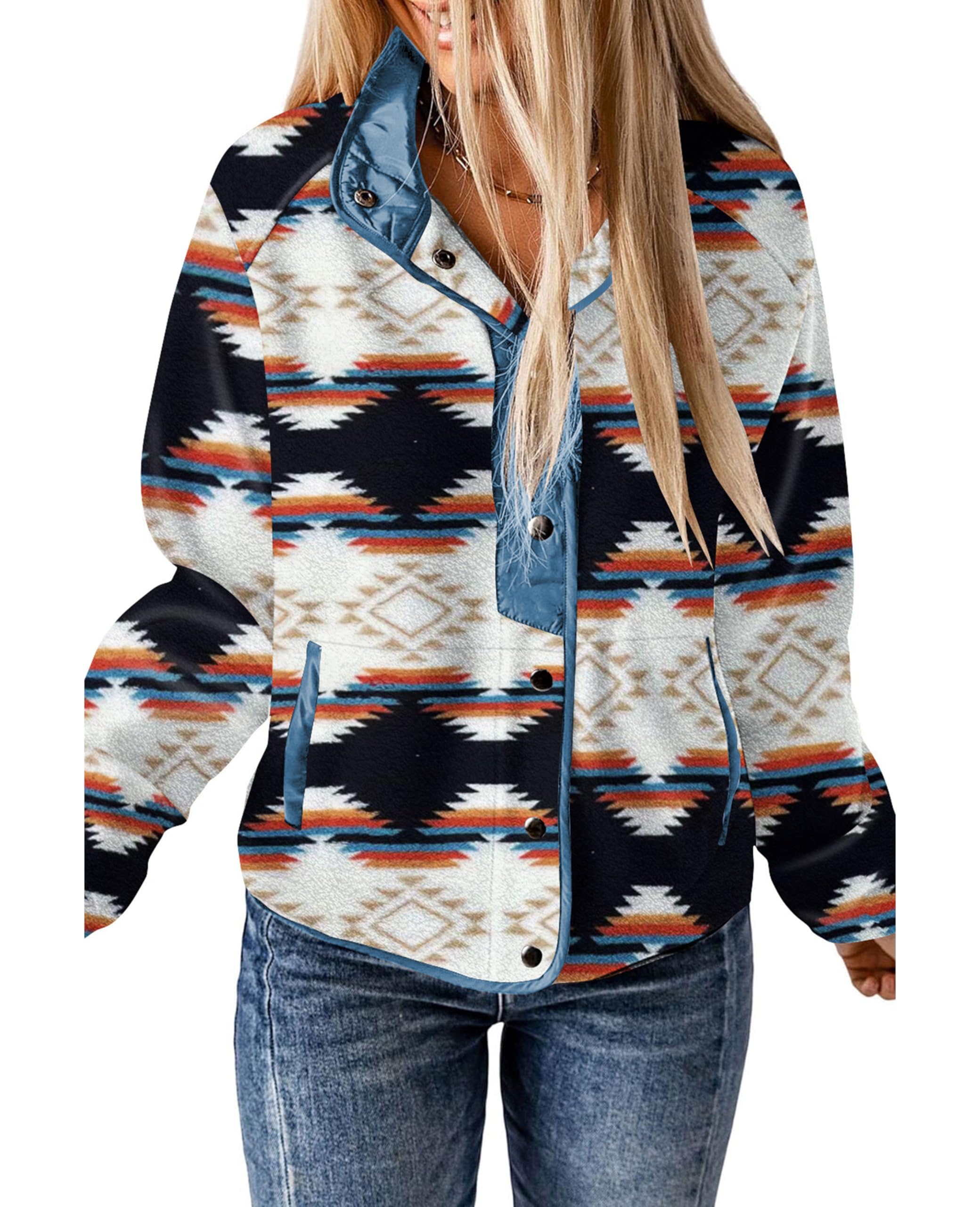 SELINK Womens Fleece Jacket Western Aztec Print Long Sleeve Snap Button Down Shacket Jackets with Pockets