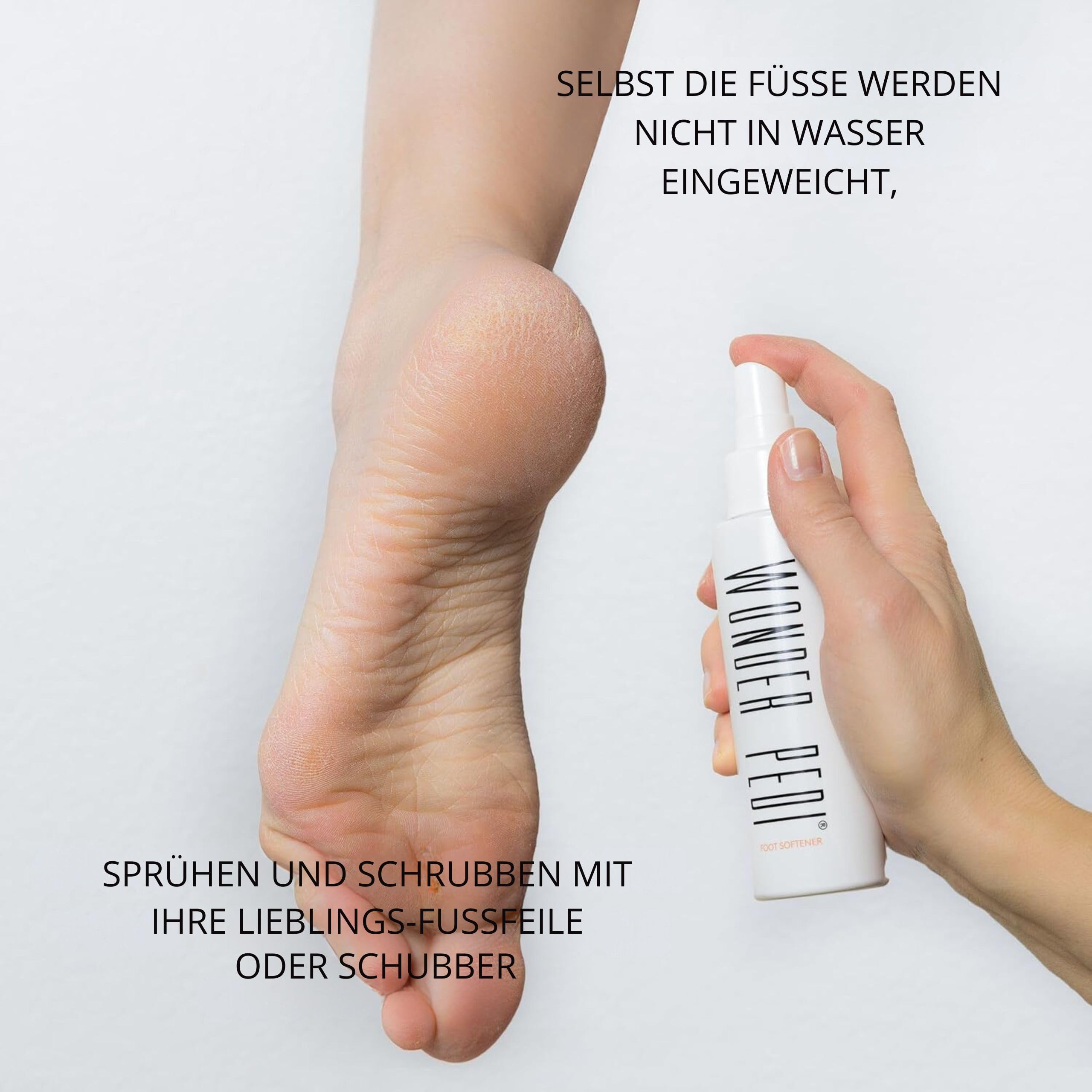 Hornhautentferner, Sofortiges Peeling-Spray für die Füße, Weichmacher für rissige Fersen und abgestorbene Haut, Pediküre-Behandlung kompatibel mit jeder Fußfeile. Wonder Pedi (200 ml)