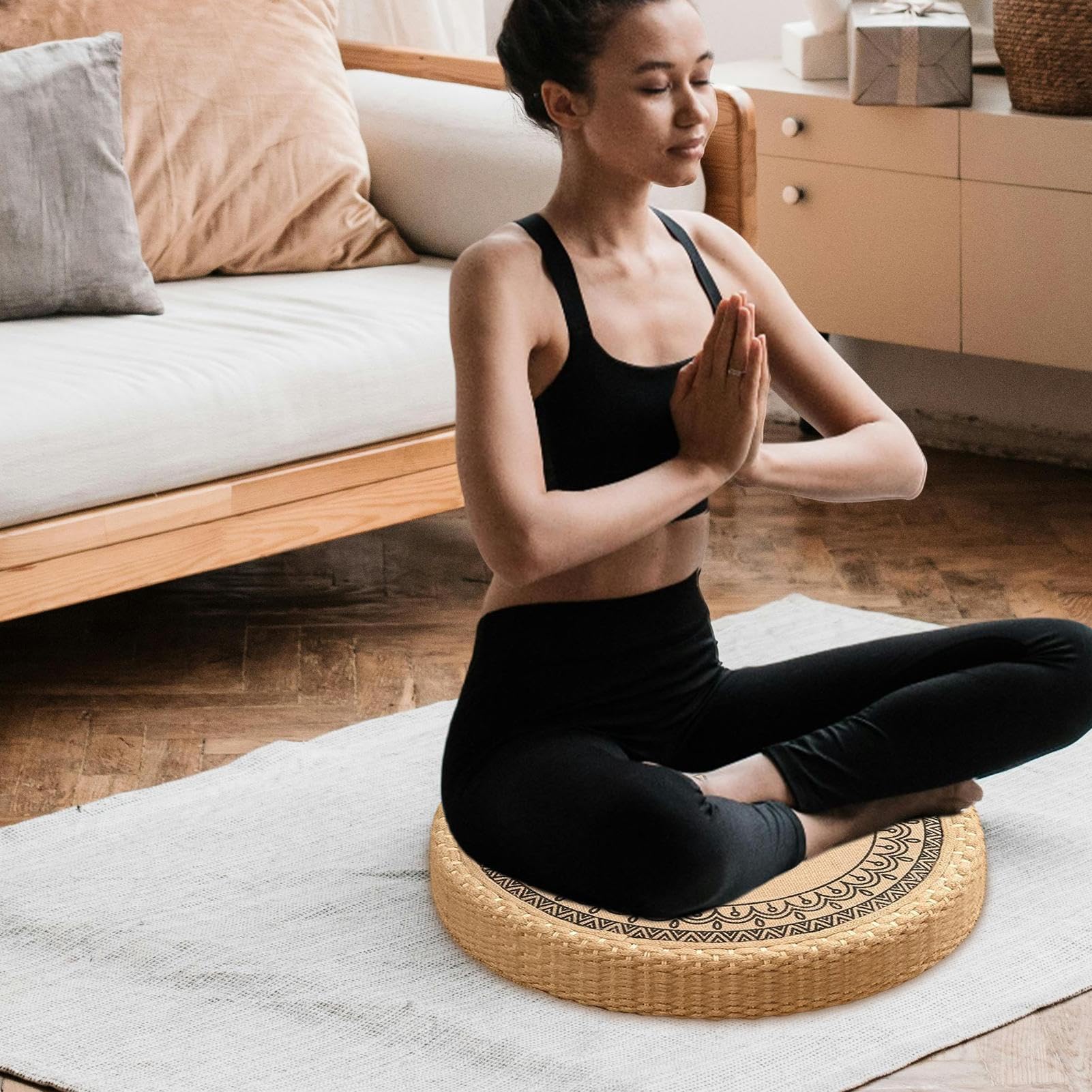 Cuscino per Meditazione Cuscino Rotondo Intrecciato a Mano per Sedute a | Seduta Morbida e Stabile per Yoga Soggiorno Meditazione