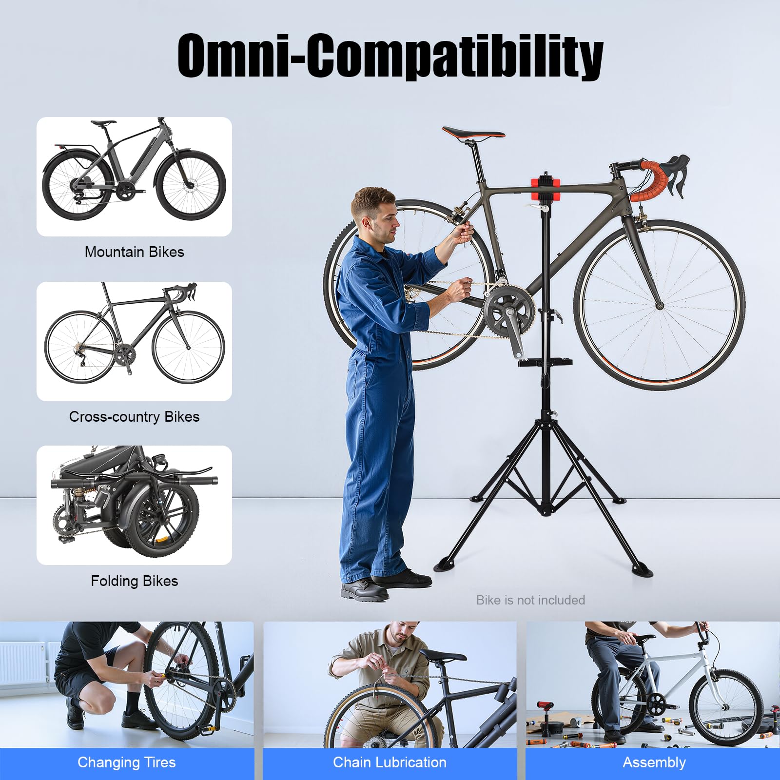 MccoMMon Supporto professionale per il montaggio della bicicletta, 50 kg, supporto per attrezzi, per e-bike, pieghevole, regolabile in altezza 108-190 cm