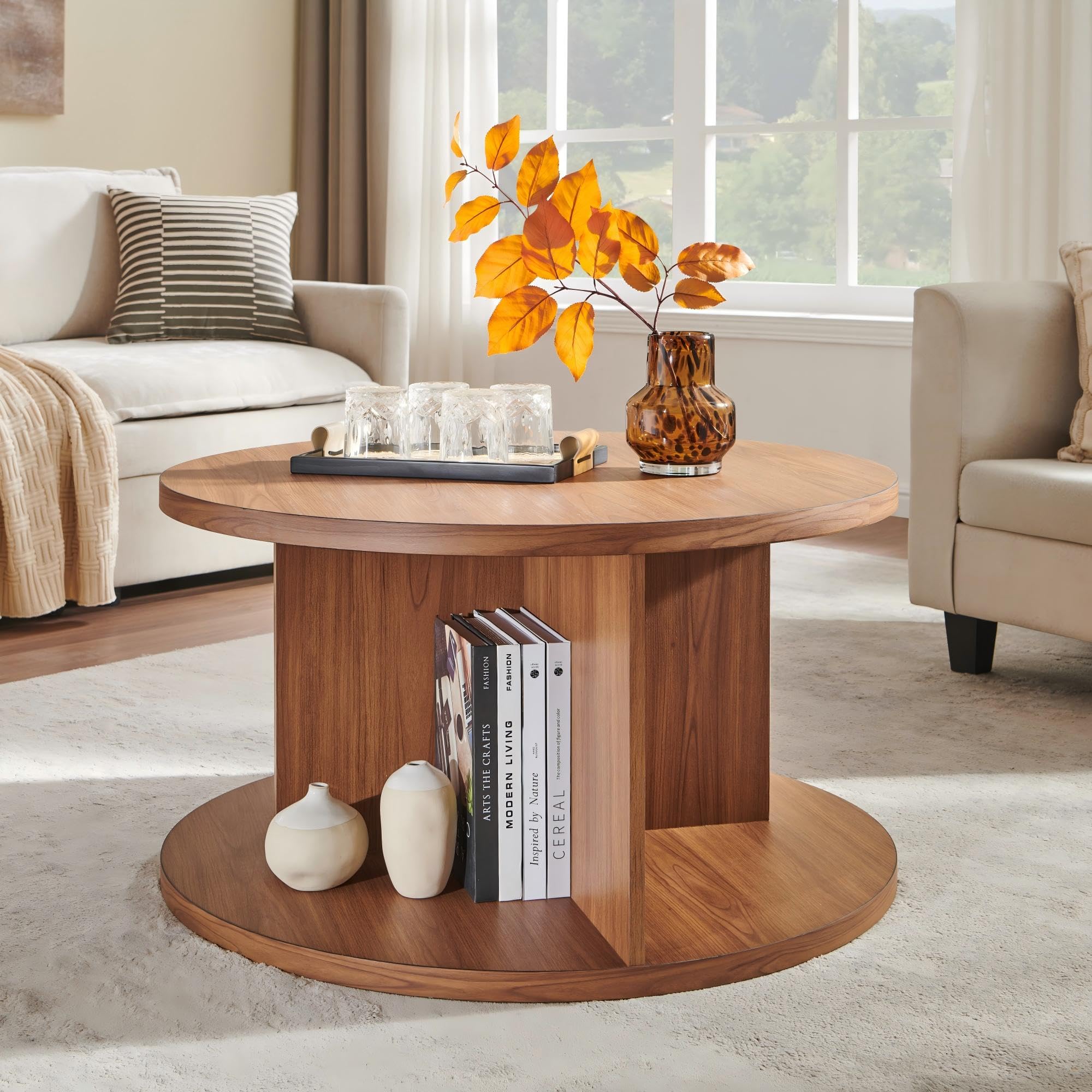 JXQTLINGMU Round Coffee Table for Living Room 32 Modern Center Table with Cross Support Structure Open Storage Cubby