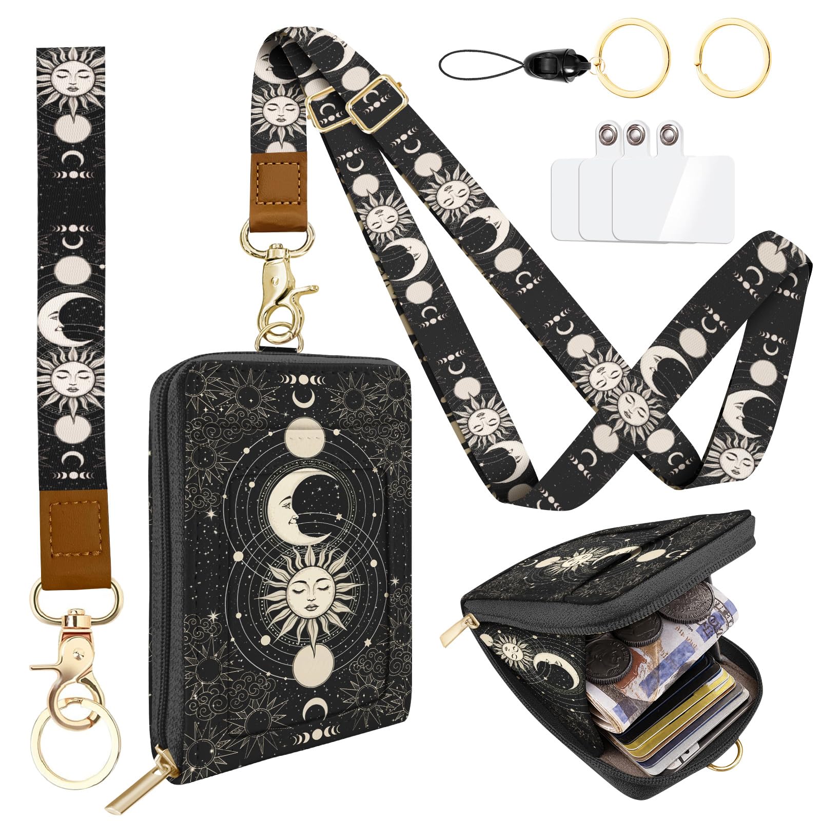 PU Leather Lanyard Wallet with ID Badge Holder with 1 Zip Pocket and 3 Card Slots Keychain Phone Lanyard Wrist Strap, RFID Blocking, for Office School Business-Sun and Moon