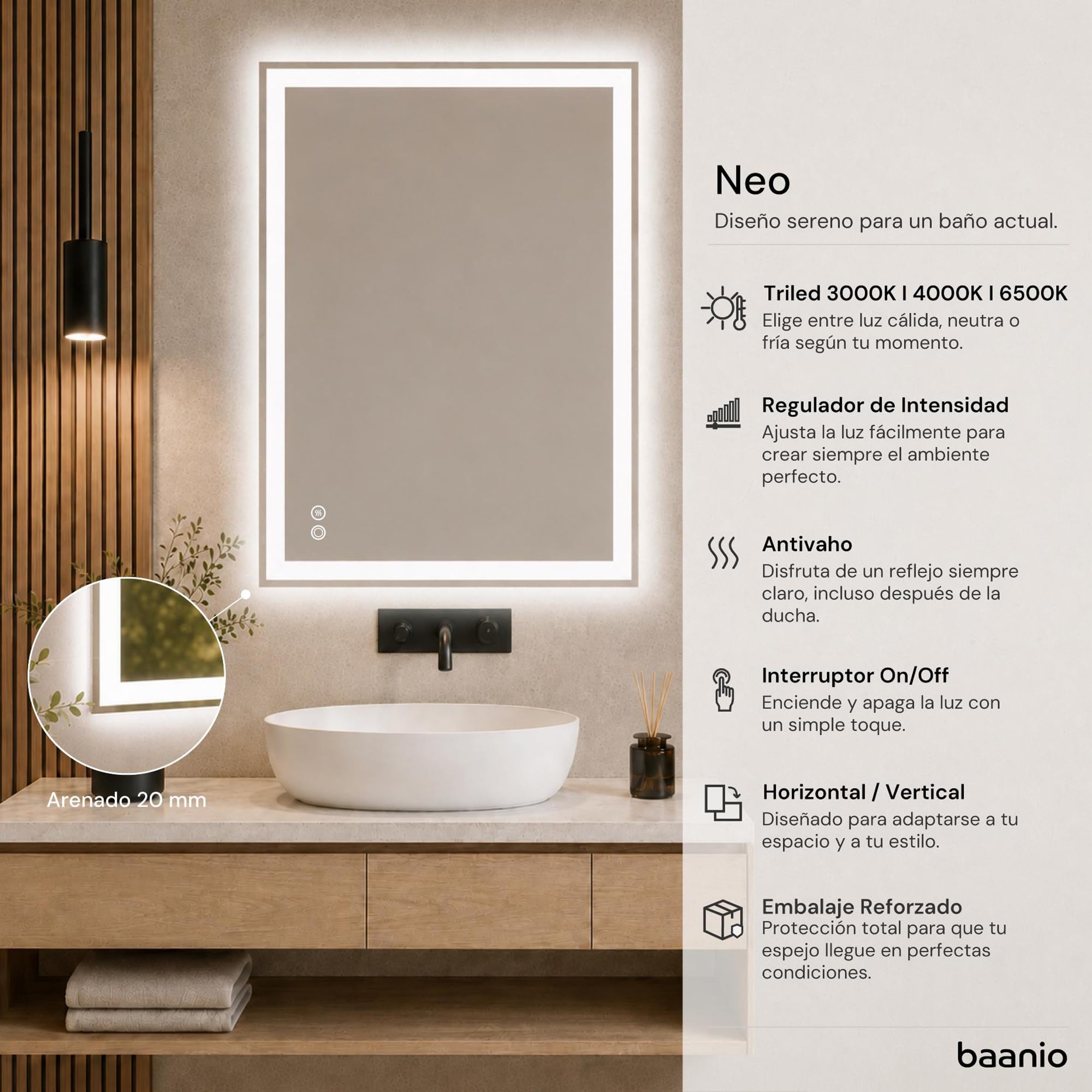 Neo – Espejo Baño LED Rectangular 80x100 cm con Antivaho – Luz Frontal y Retroiluminado, Luz Regulable 3 Tonos, Interruptor Táctil, Montaje Horizontal o Vertical