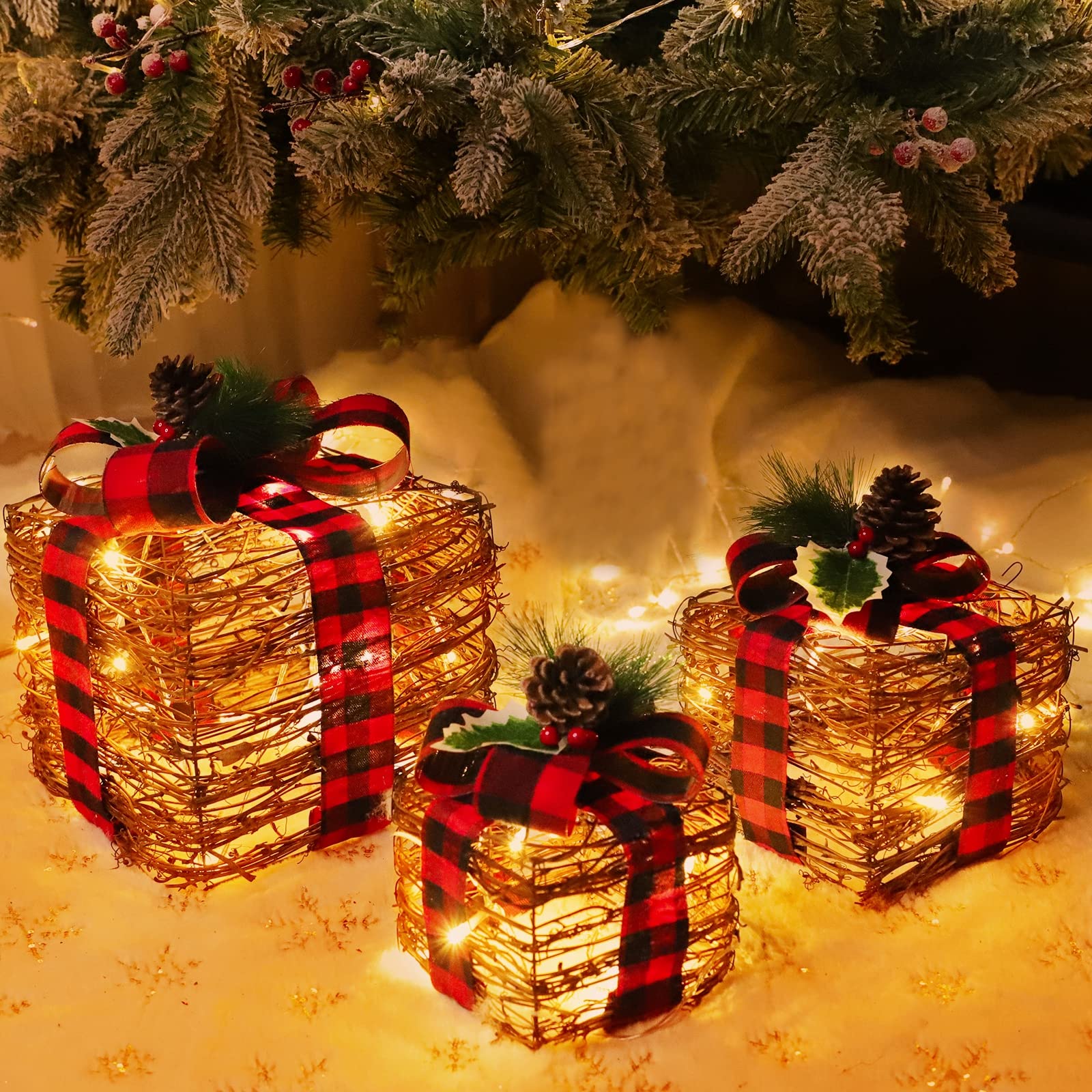 [ Extra Large 10"-8"-7" ] 3 Pack Christmas Lighted Rattan Gift Boxes Decorations Prelit 60 LED Plug in Warm White Light up Present Box Indoor Outdoor Christmas Decorations Holiday Party Xmas Home Yard