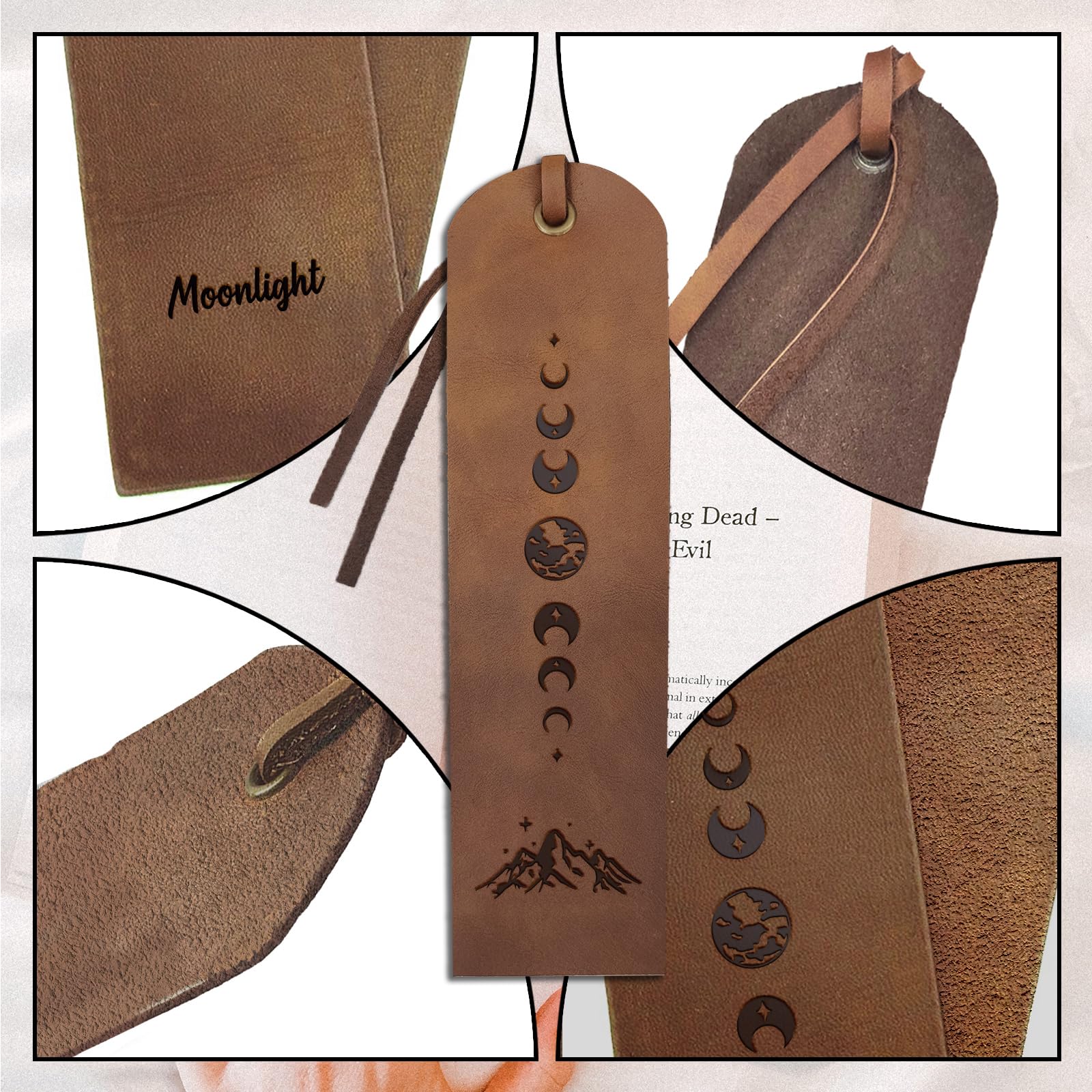 MAYJOYDIY 4pcs Moon Phase Mountain Leather Bookmarks 5×18cm Handmade Genuine Leather Book Markers Landscape Star Cowhide Page Markers with Tassel for Writers Book Lovers Bookworms - Image 4