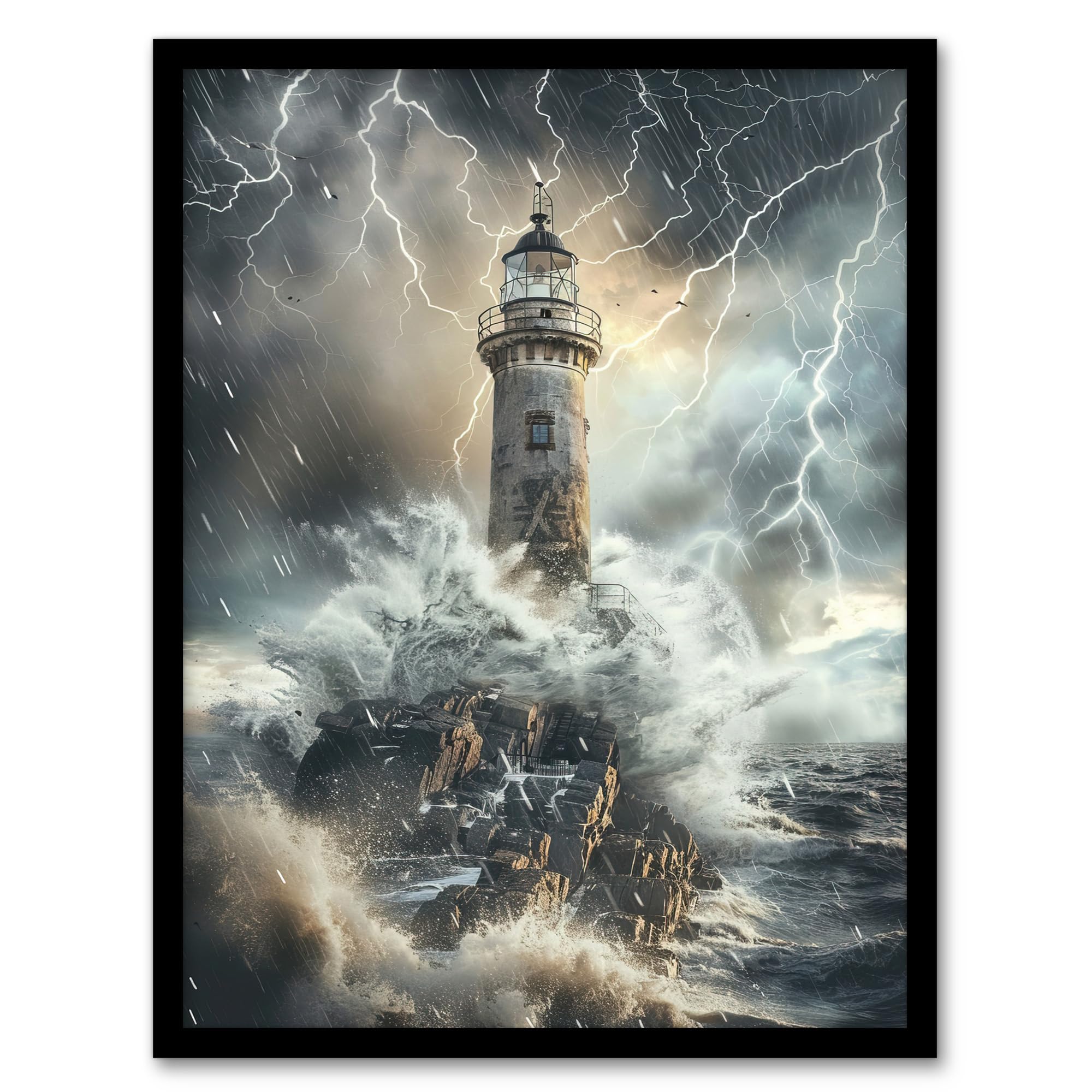 Artery8 Lighthouse Thunderstorm Sea Crushing Waves Living Room Artwork Framed Wall Art Print 18X24 Inch