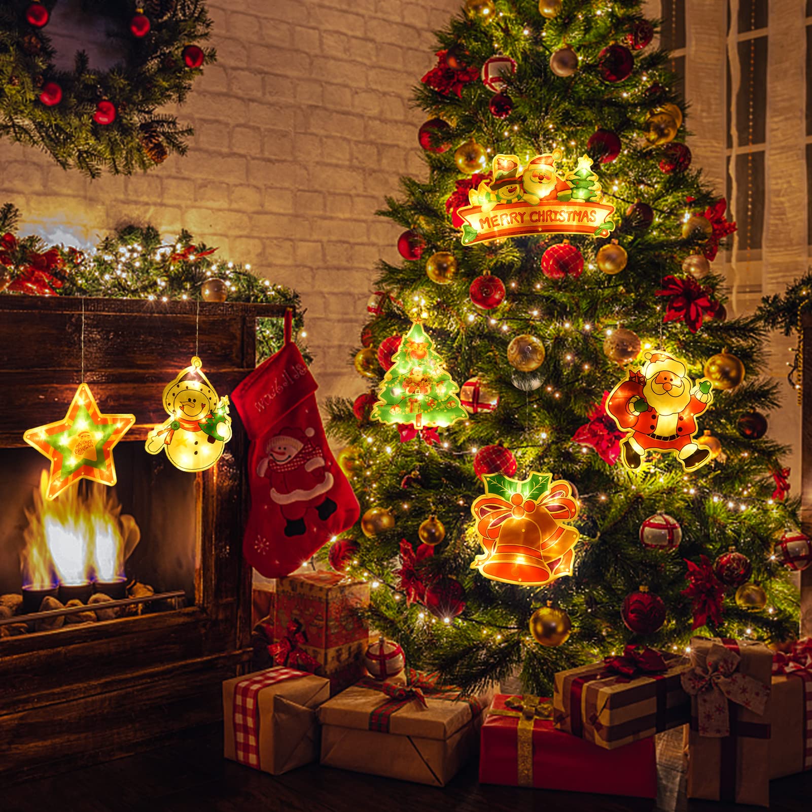 Luces Decorativas Navidad Para Ventana 6 Piezas | LED Con Ventosa A Pilas | Motivos Navideños Copos, Árboles, Renos
