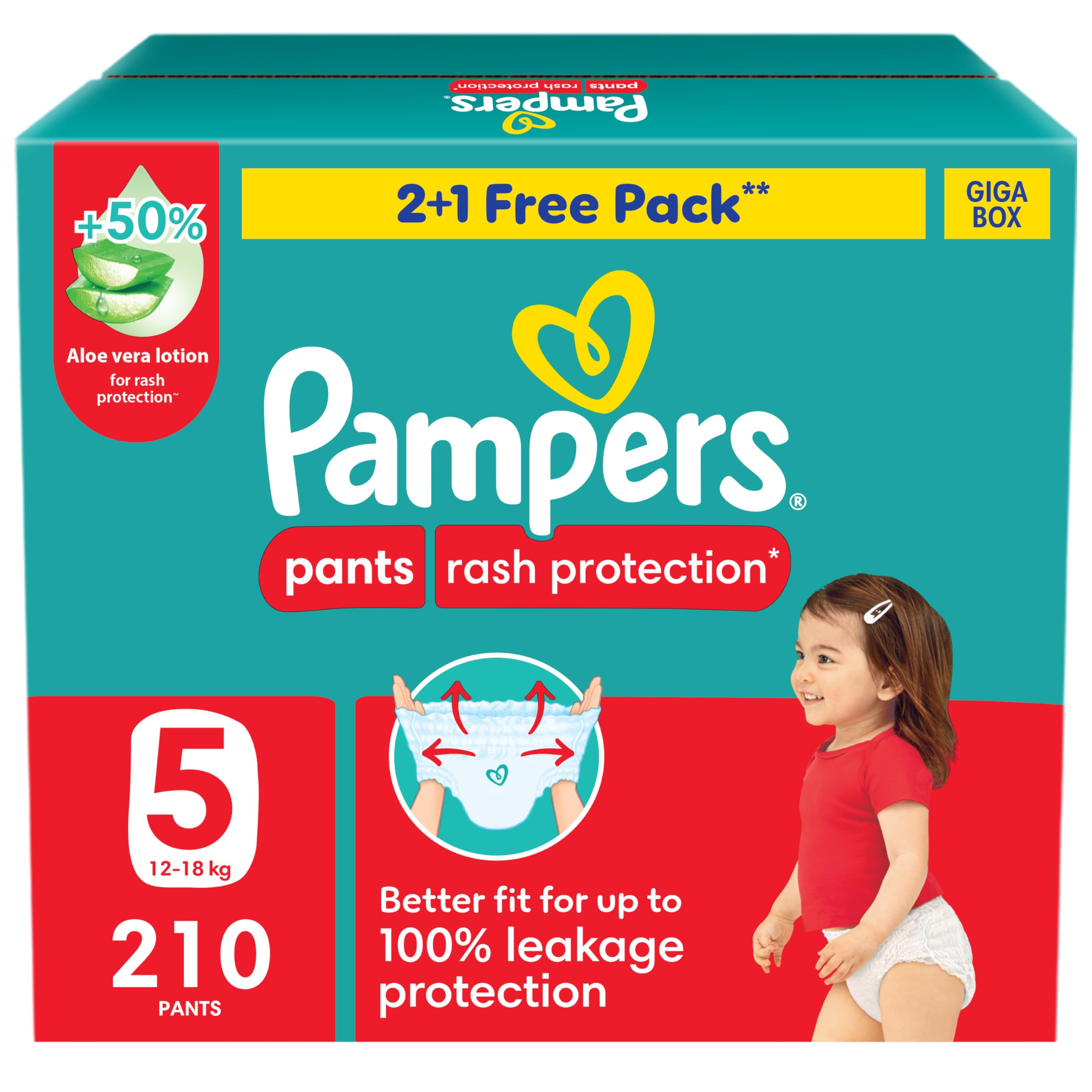 Pampers Rash Protection Pants Diapers, Size 5, 12-18kg, +50% Aloe Vera Lotion, 360° Leak-Free Fit for up to 100% Leakage Protection, Giga Box, 210 CountPampers Rash Protection Pants Diapers, Size 5, 12-…