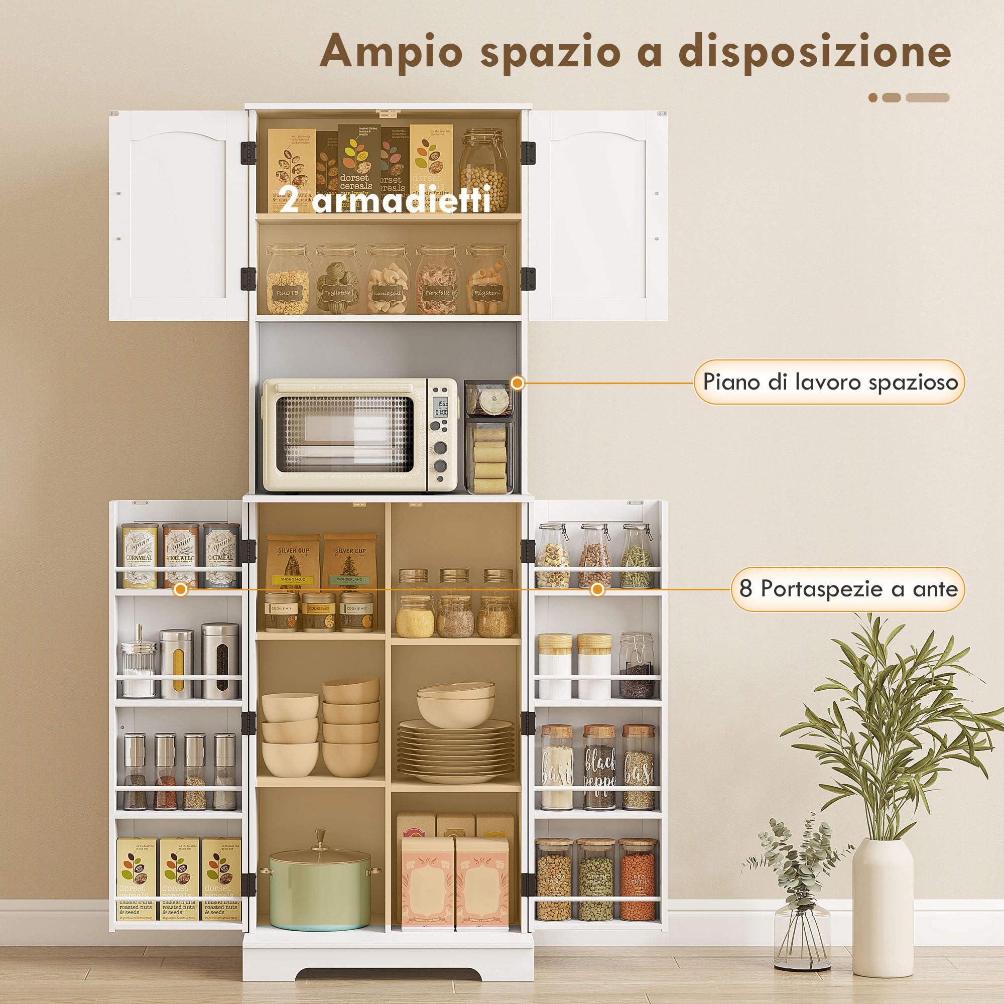 Credenza Cucina Alta HOMCOM 181,5 Cm, Con 8 Portaspezie Sulle Ante E 4 Ante, Stile Rustico Bianco