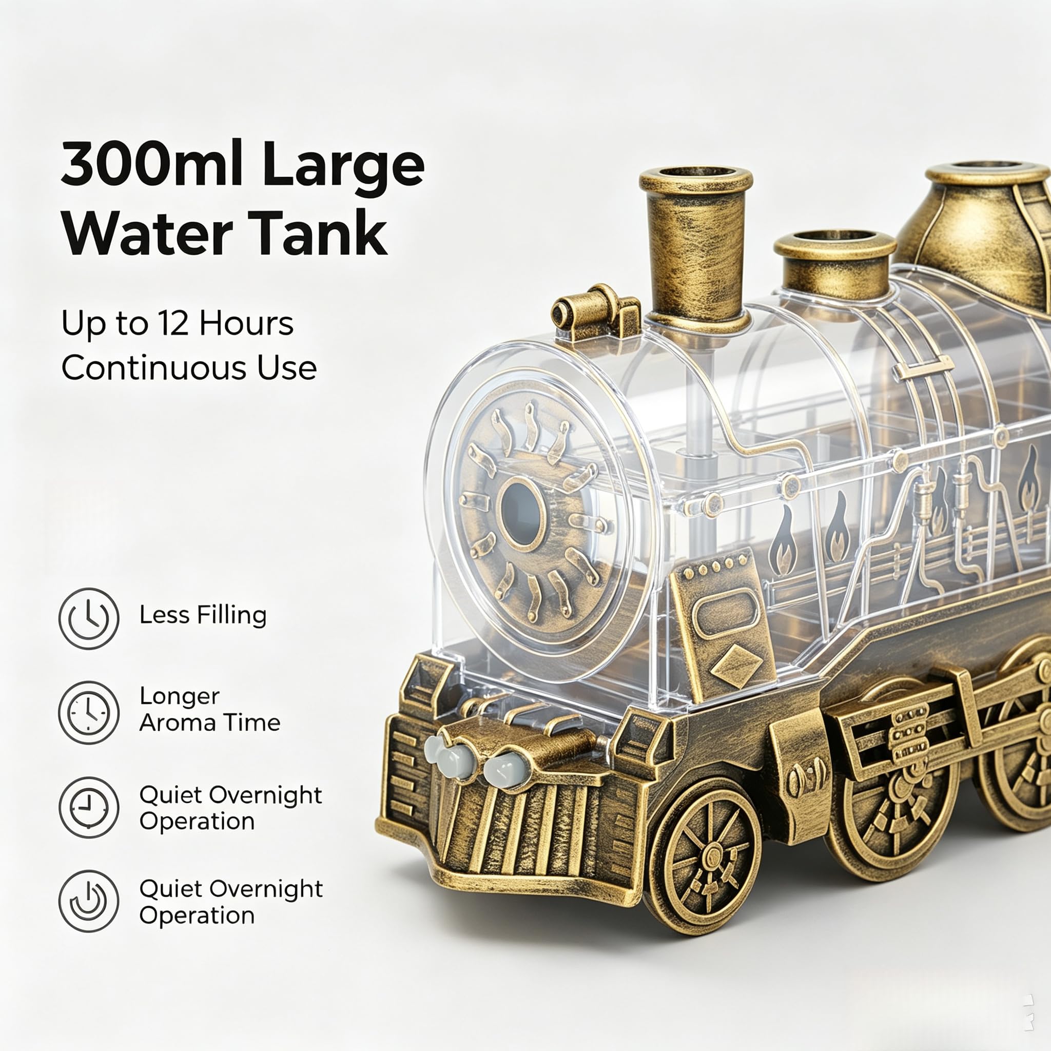 Diffuseur d'huiles essentielles Train - 300 ml - Avec télécommande - Arrêt automatique - Pour la maison ou le bureau - Couleur cuivre