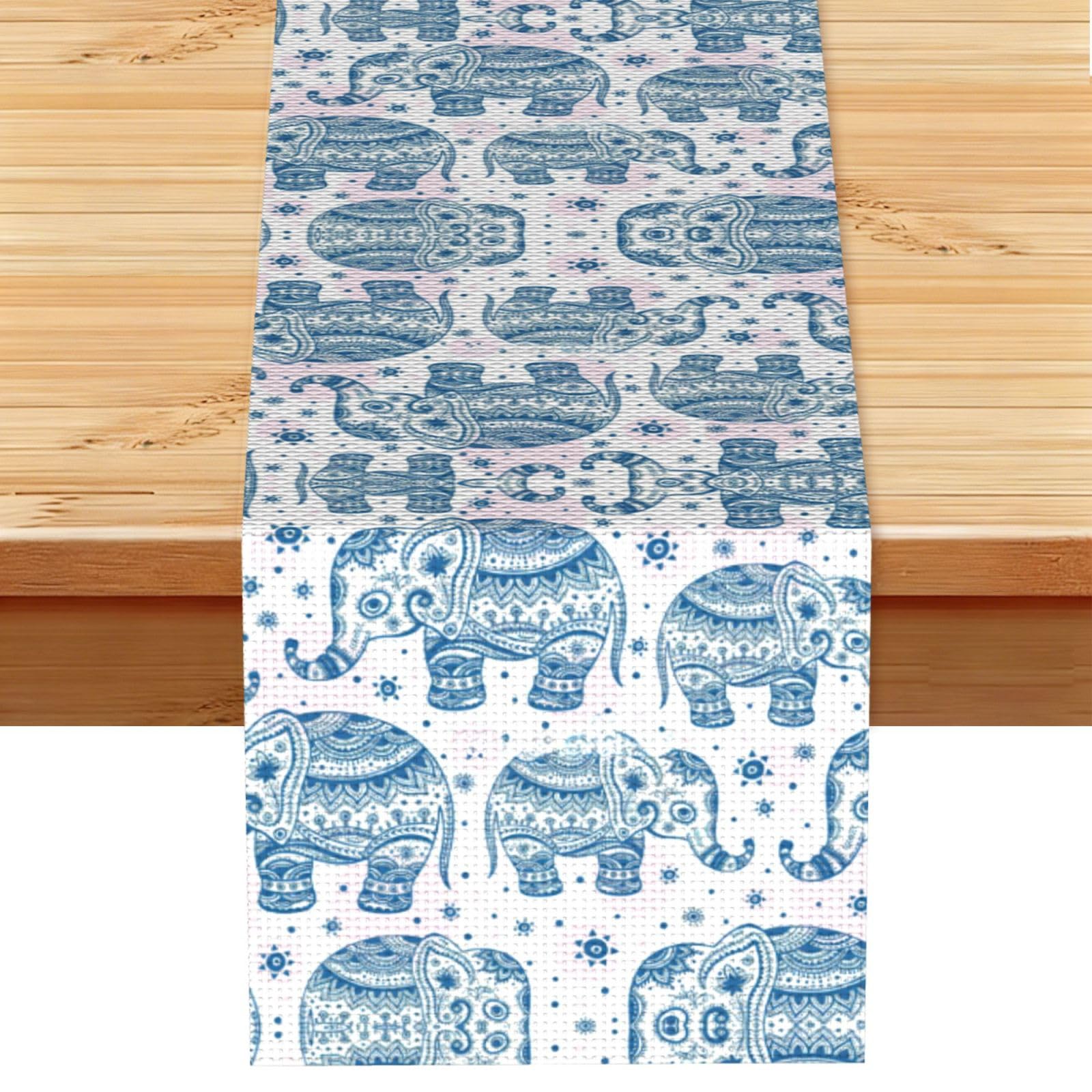 Boho Elephant Printed Dining Table Runner 13x72 Inch, Non-Fading Decor for Kitchen Dresser Fireplace Mantel