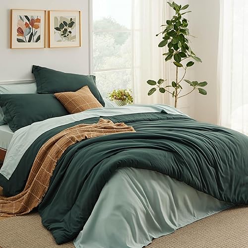 Bedsure King Size Comforter Set - 7 Pieces Forest Green King Bedding Set for All Seasons, Boho Contrasting Design Bed in a Bag with Comforter, Sheets, Pillowcases & Shams - 05 - Forest Green - King
