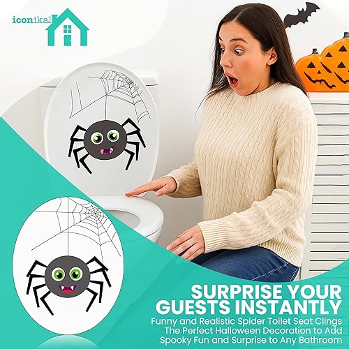 Miniatura 7 de Iconikal Juego de 2 piezas para asiento de inodoro de Halloween, diseño de araña divertida de 11.2 x 13 pulgadas, decoración de baño extraíble, tapa