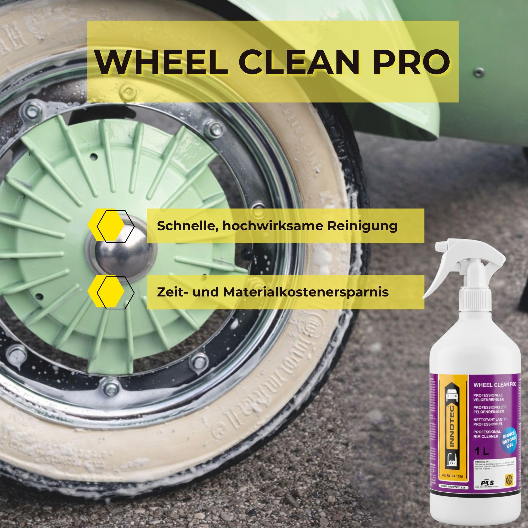 INNOTEC Wheel Clean Pro 1 L – Professioneller Felgenreiniger für Stahl- und Alufelgen – entfernt Bremsstaub, Öl- und Straßenschmutz – säurefrei, materialschonend – gebrauchsfertige Sprühflasche