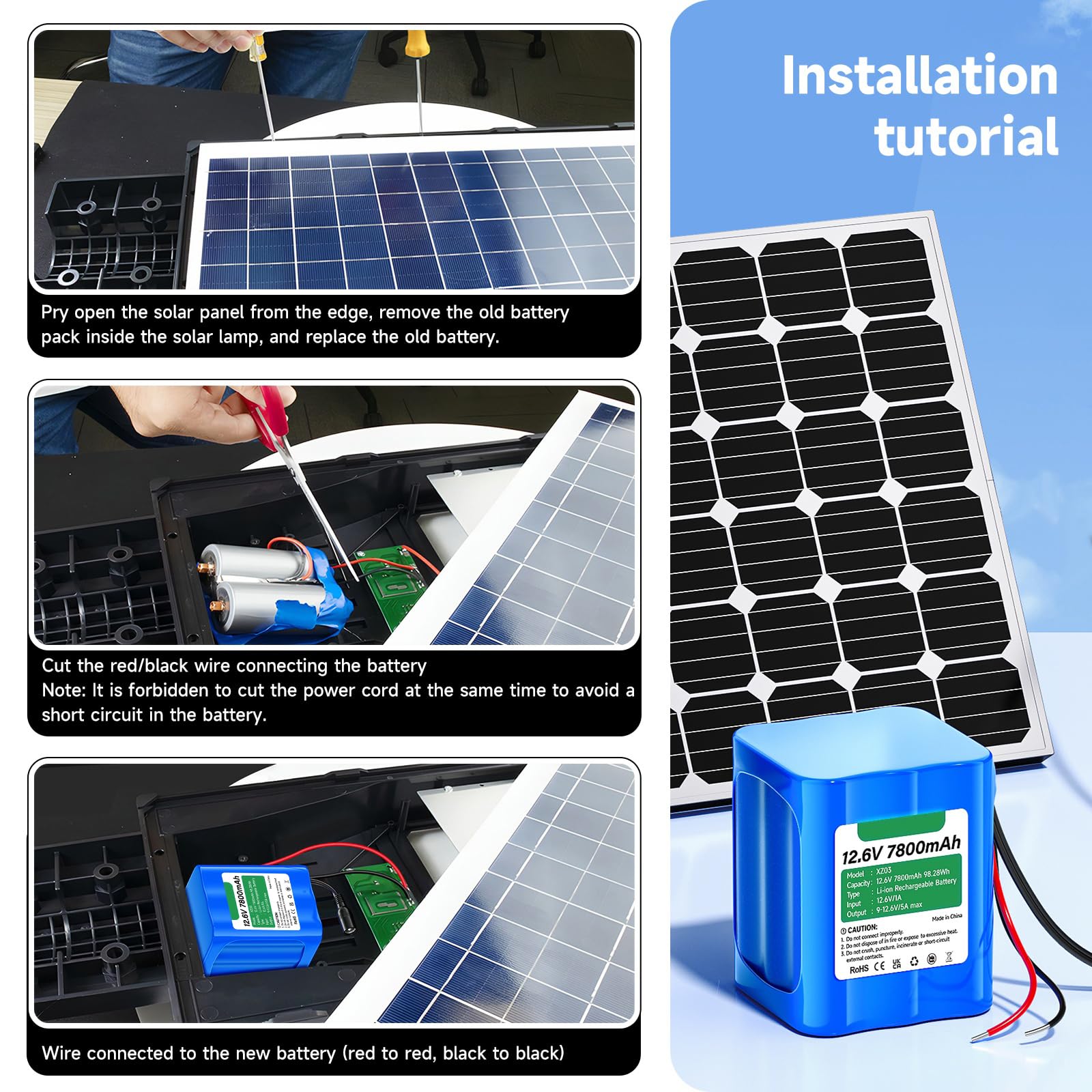 CITYORK 7800mAh 12,6V Batteria agli ioni di litio ricaricabile per Lampioni solari da esterno, telecamere CCTV, videocamere, lettori MP3, strisce LED e altro ancora