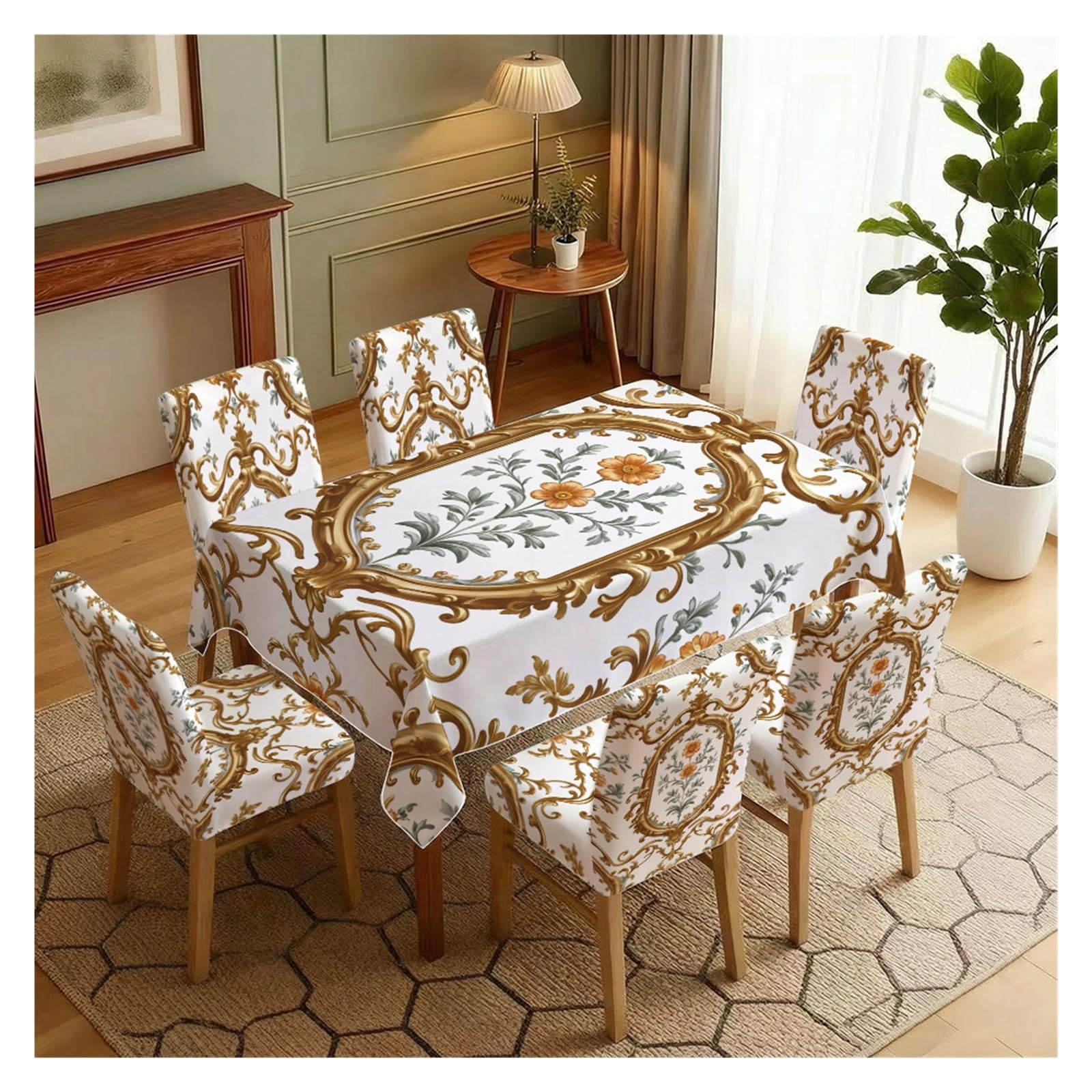 KXUAUV Gold Damask Floral Print Stretch Dining Chair Covers Tablecloth Set, For Kitchen Dining Living Room Luxury Decor, 5/7 Pack Party Decor(7pcs Set: Tablecloth+Chair Covers)