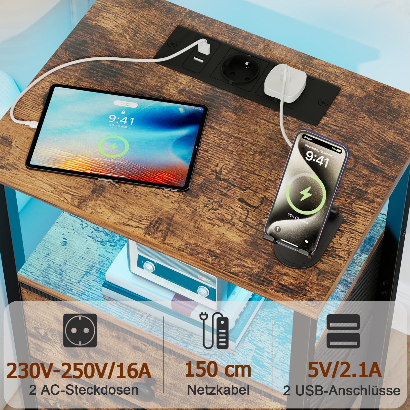 AMHANCIBLE Mesita de Noche, Mesitas de Noche con Estación de Carga y LED, con 2 Cajones de Tela, 2 Tomas AC, 2 Puertos USB, Dormitorio, Salón, Marrón EHETS02BR