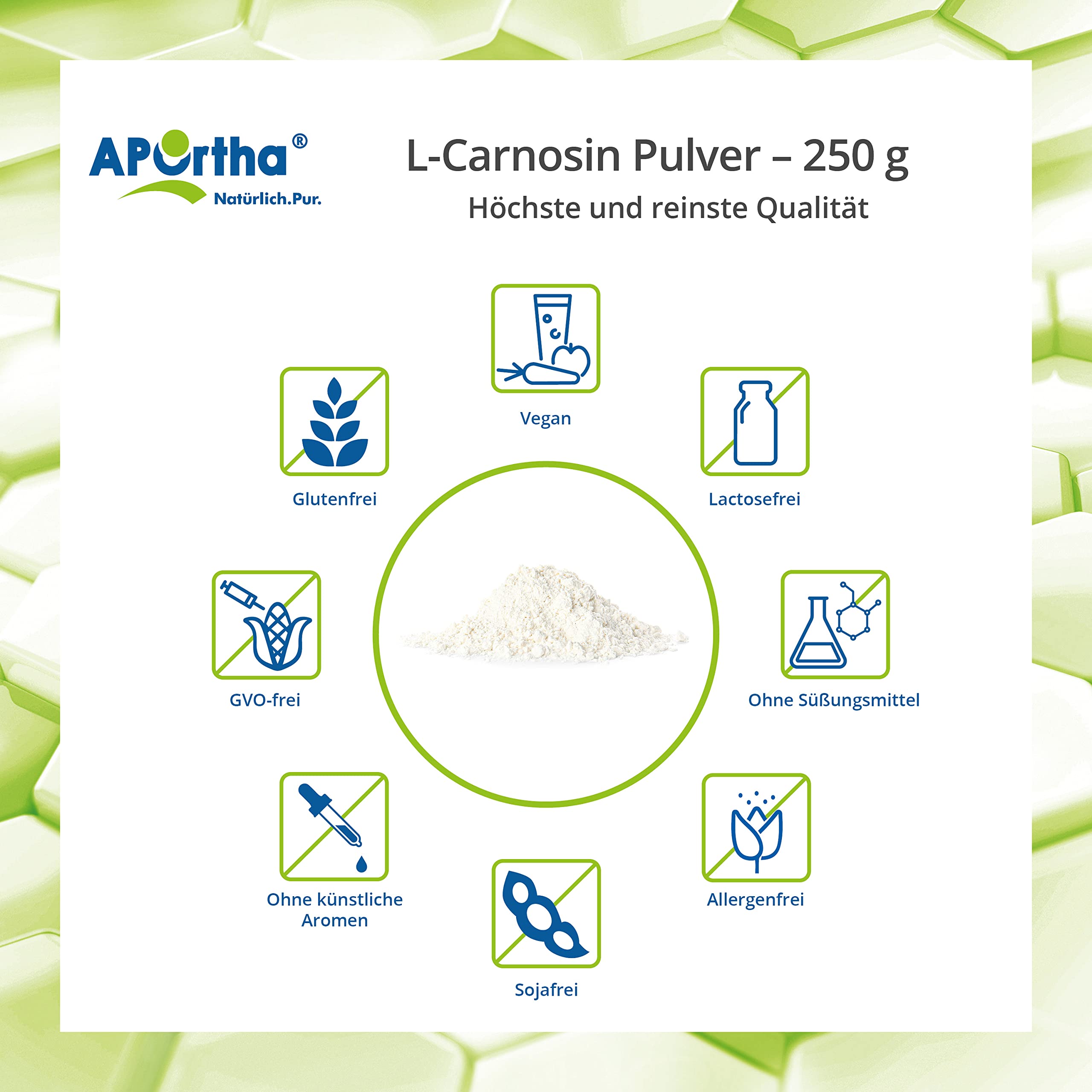 APOrtha® L-Carnosin, 250 g Pulver vegan aus 100% reinem L-Carnosin | Hochdosiert mit 500 mg L-Carnosin je Tagesverzehr, 250g Pulver für 500 Tage, vegan, glutenfrei, allergenfrei