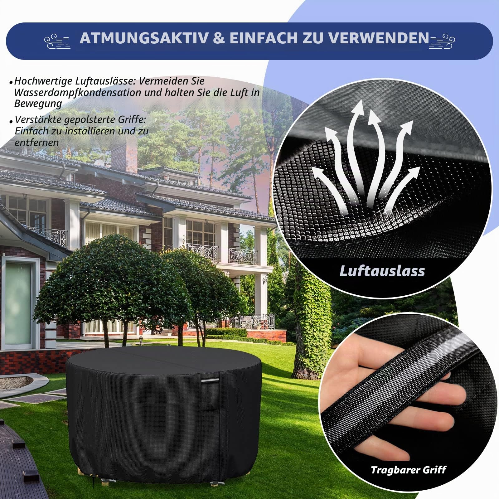 RICHIE Gartentischabdeckungen Rund Mit Lüftungsschlitzen, 600D Oxford Gewebe 190x80cm Runde Patio Set Tischabdeckung, Gartenmöbel Set Abdeckung Wasserdicht, Winddicht, Anti-UV, Schwarz