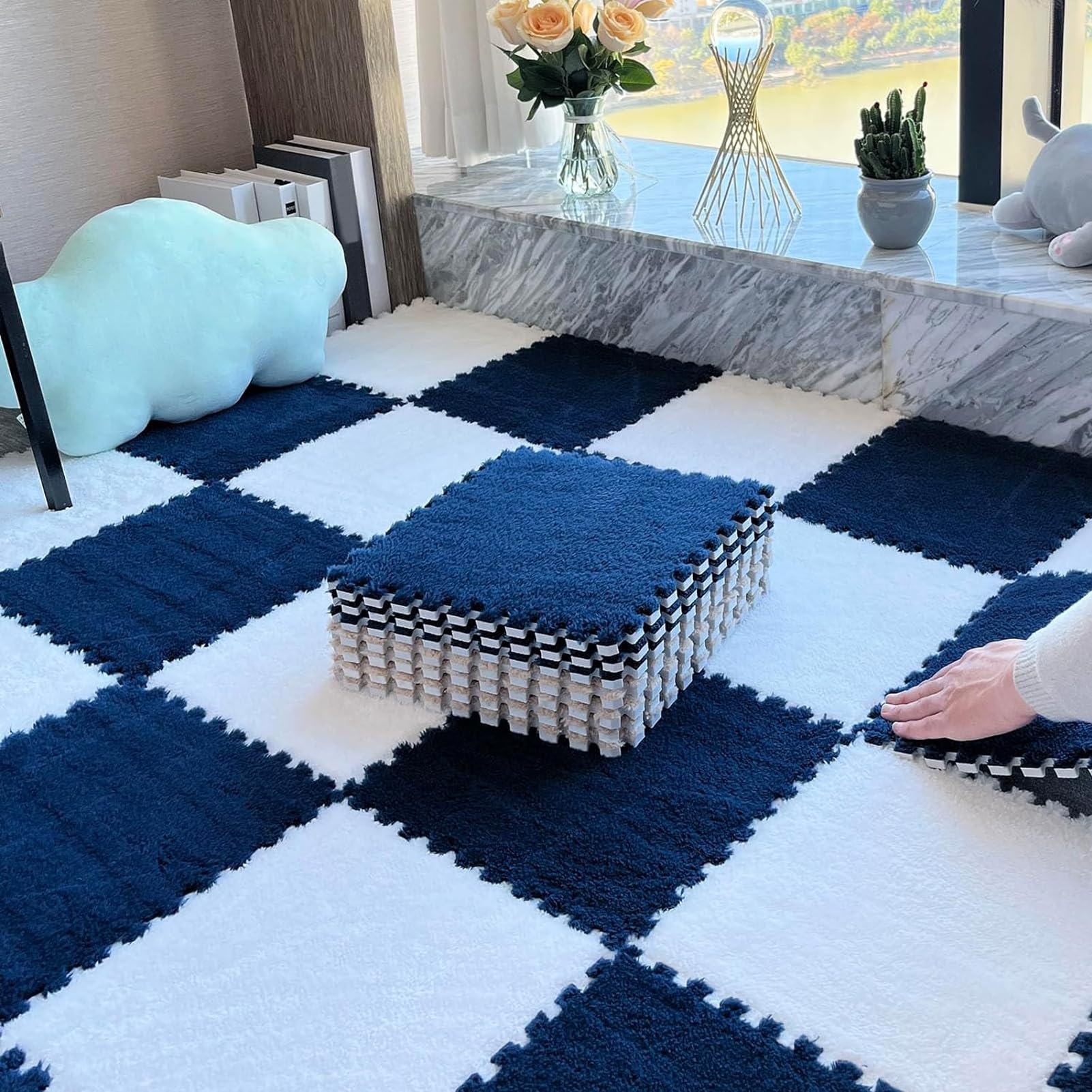tappetini in schiuma, Tappetino puzzle in schiuma da 12x12 pollici con piastrelle ad incastro, confezione 24, multicolore, 0,23-0,39(White+navy Blue,0.23 Inch)