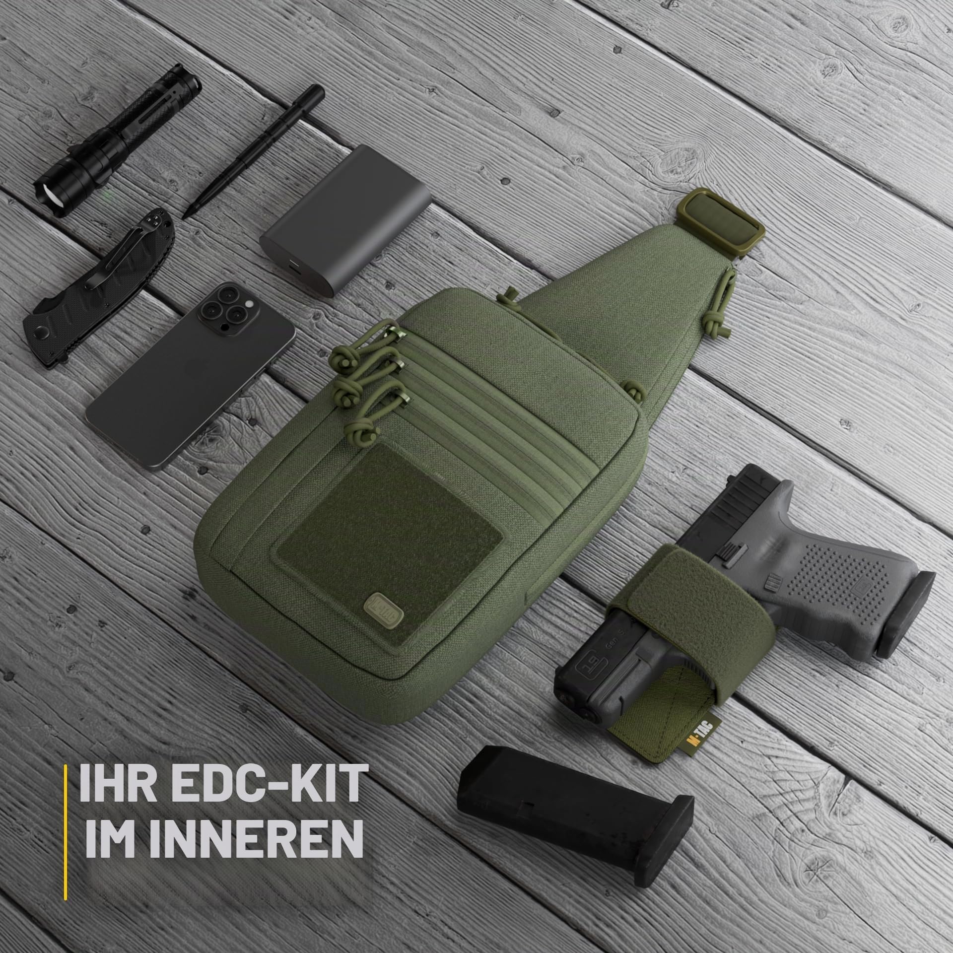 M-Tac Schultertasche mit Pistolenholster – Taktische Umhängetasche Olive aus 600D Polyester mit Klettverschluss & verstellbarem Gurt | Verdecktes Tragen, Outdoor, EDC