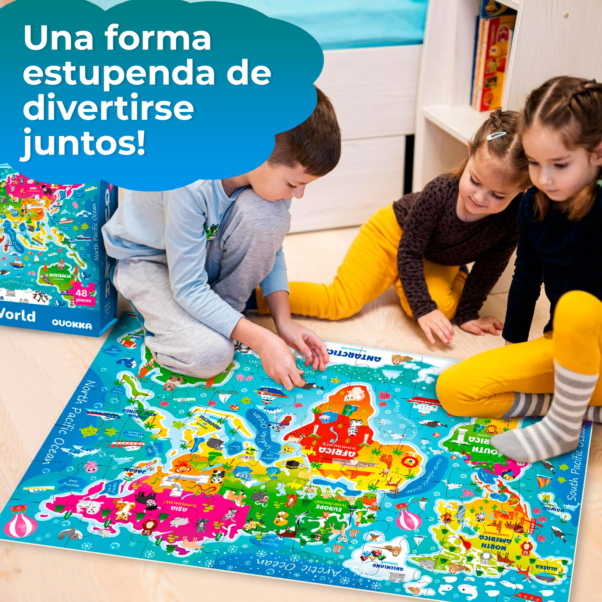 QUOKKA Puzzle Mapa Mundi Infantiles 3 4 5 Años - 60x90 cm 48 Piezas Puzzle XXL Gigante de Suelo para Niños 5 6 Años - Grande Juguete Mundo - Regalo Educativo para Niños y Niñas de 2 a 6