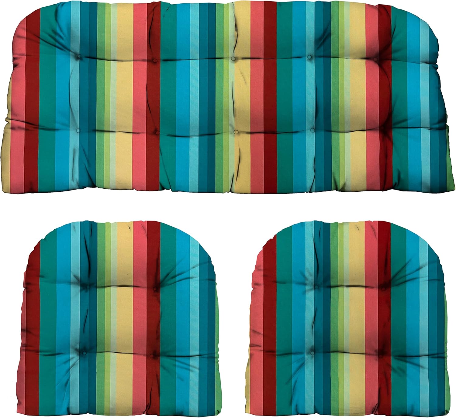 Resort Spa Home Decor 3-Piece Wicker Tufted Cushion Set | 41" x 19" & 19" x 19" | Water Resistant | Outdoor Loveseat & U-Shape Cushions for Patio Furniture | Braymont Multi Color Stripe