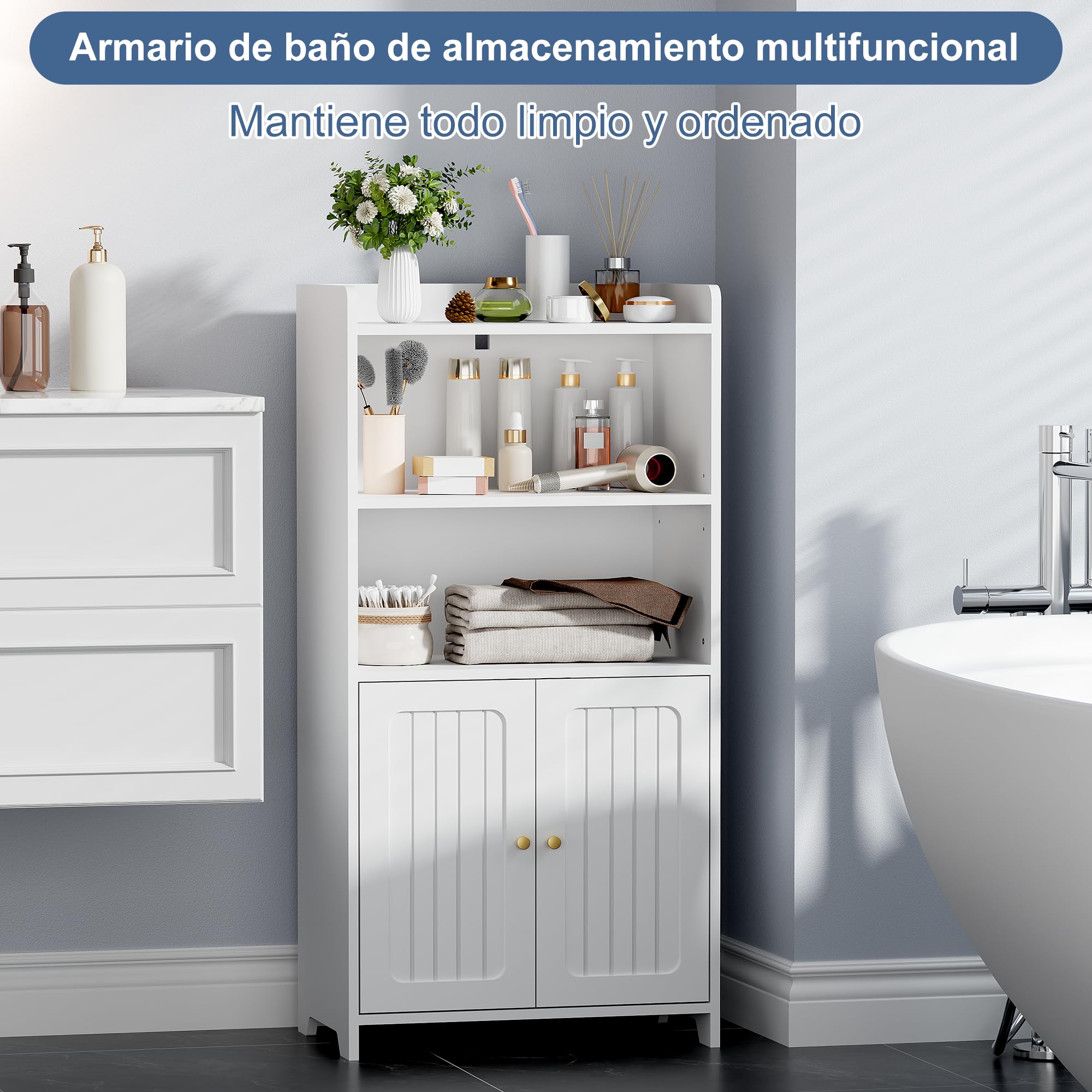 BEWISHOME Armario Baño, Mueble Baño con 2 Puertas y Tabiques Ajustables, Armario Baño para Espacios Pequeños 30 x 50 x 100 cm, Blanco, EYYG18W