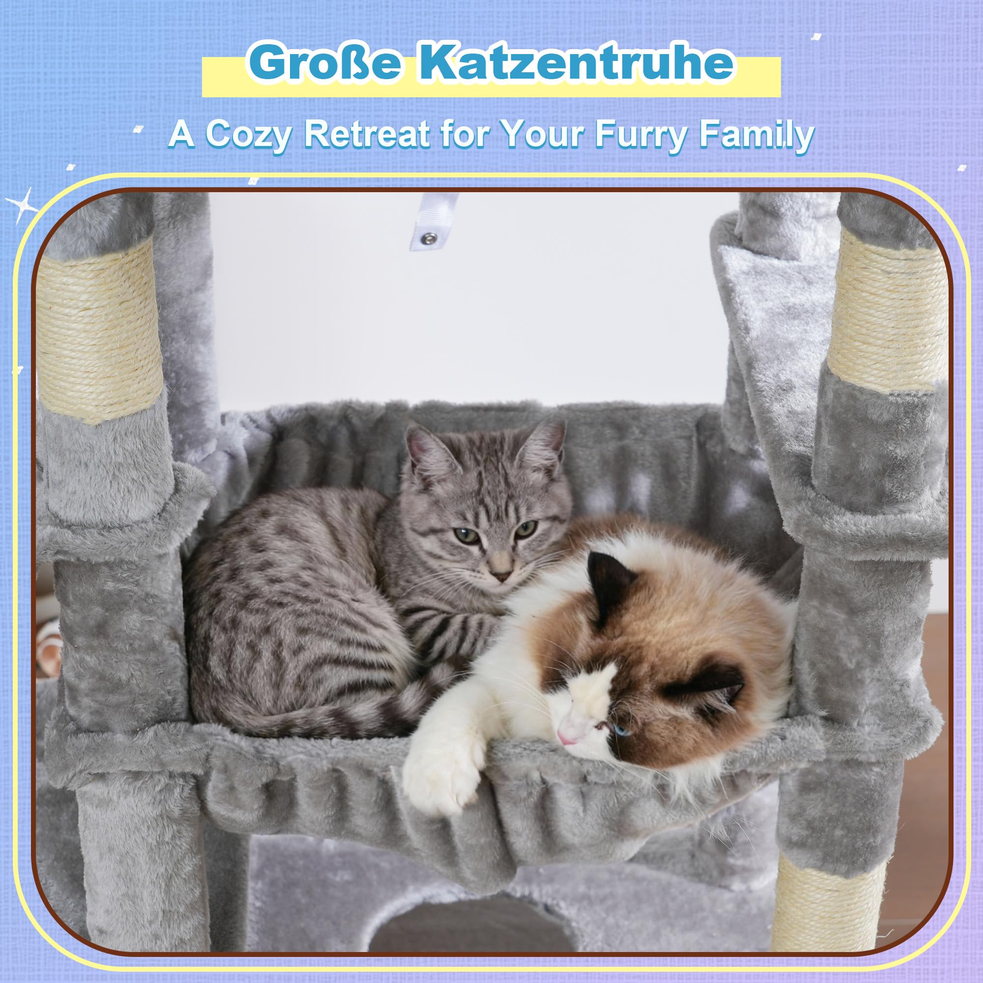 Hey-brother Rascador para Gatos, con Hamaca, Cueva, 2 Plataformas, MPJ080W | 182cm Árbol para Gatos, 2 Cestas Suaves, Rampa Rascadora, Pelota de peluche, para Múltiples Gatos de Interior, Gris Claro