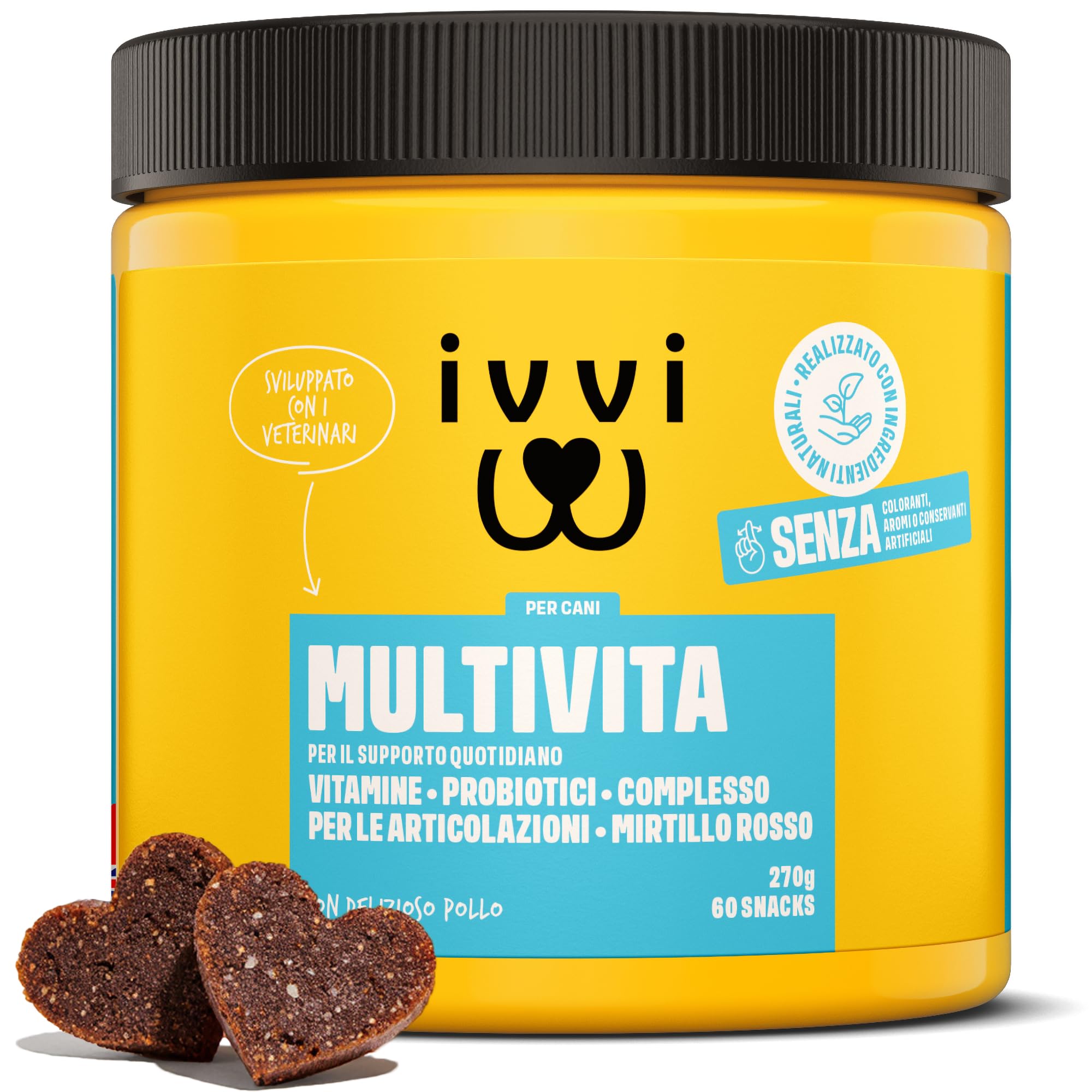 ivvi Multivita per Cani Come bocconcino - scorta Completa con probiotici, vitamine del Gruppo B, Omega 3, cozza Verde, Mirtillo Rosso - 60 Snack (270 g) con Pollo