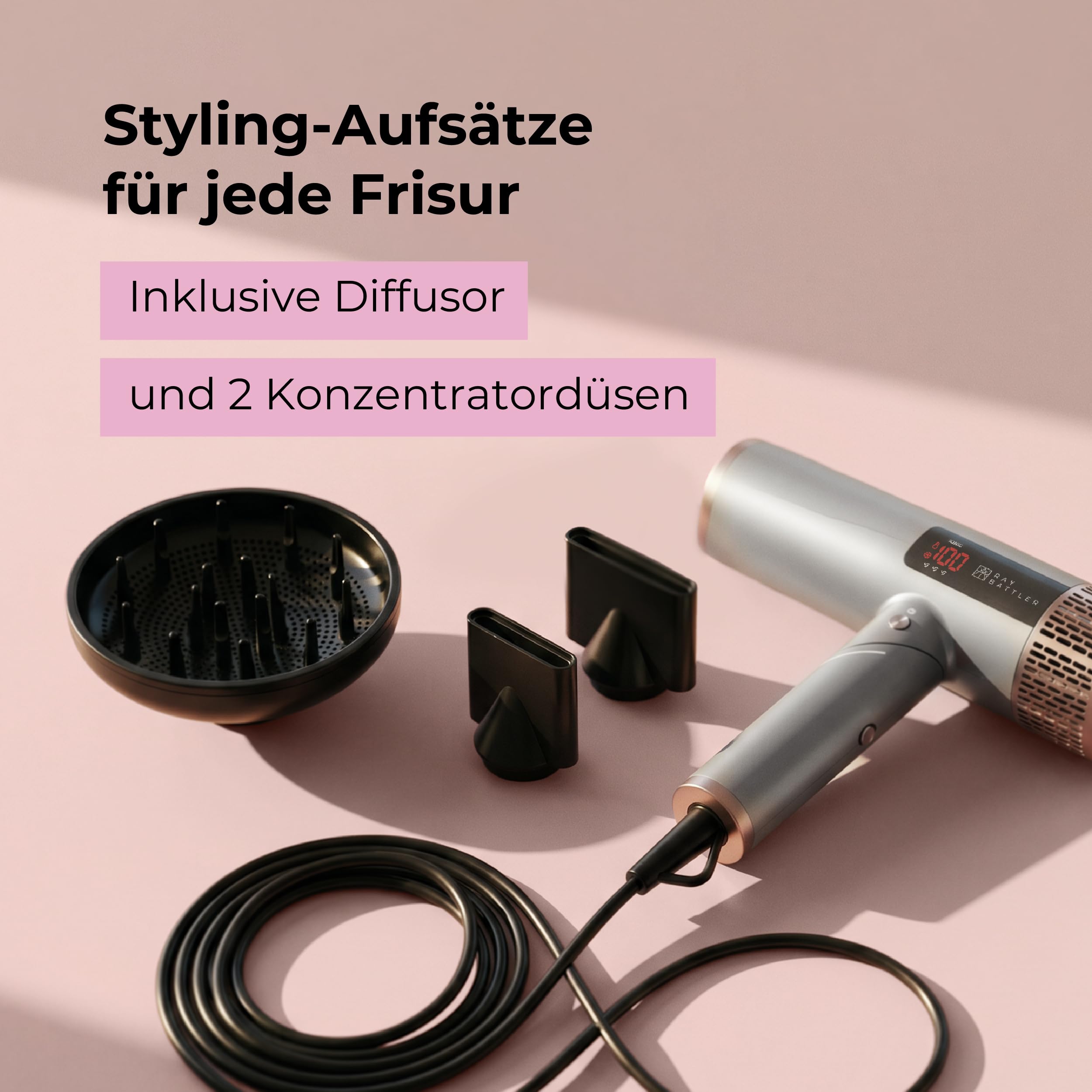 Föhn mit Diffusor, 1800 W Ionen-Haartrockner mit BLDC-Motor, klappbarer High-Speed-Fön, 110.000 U/min, LED-Display, 4 Temperaturstufen, 3 Luftstufen, Kaltluft, 2 Stylingdüsen
