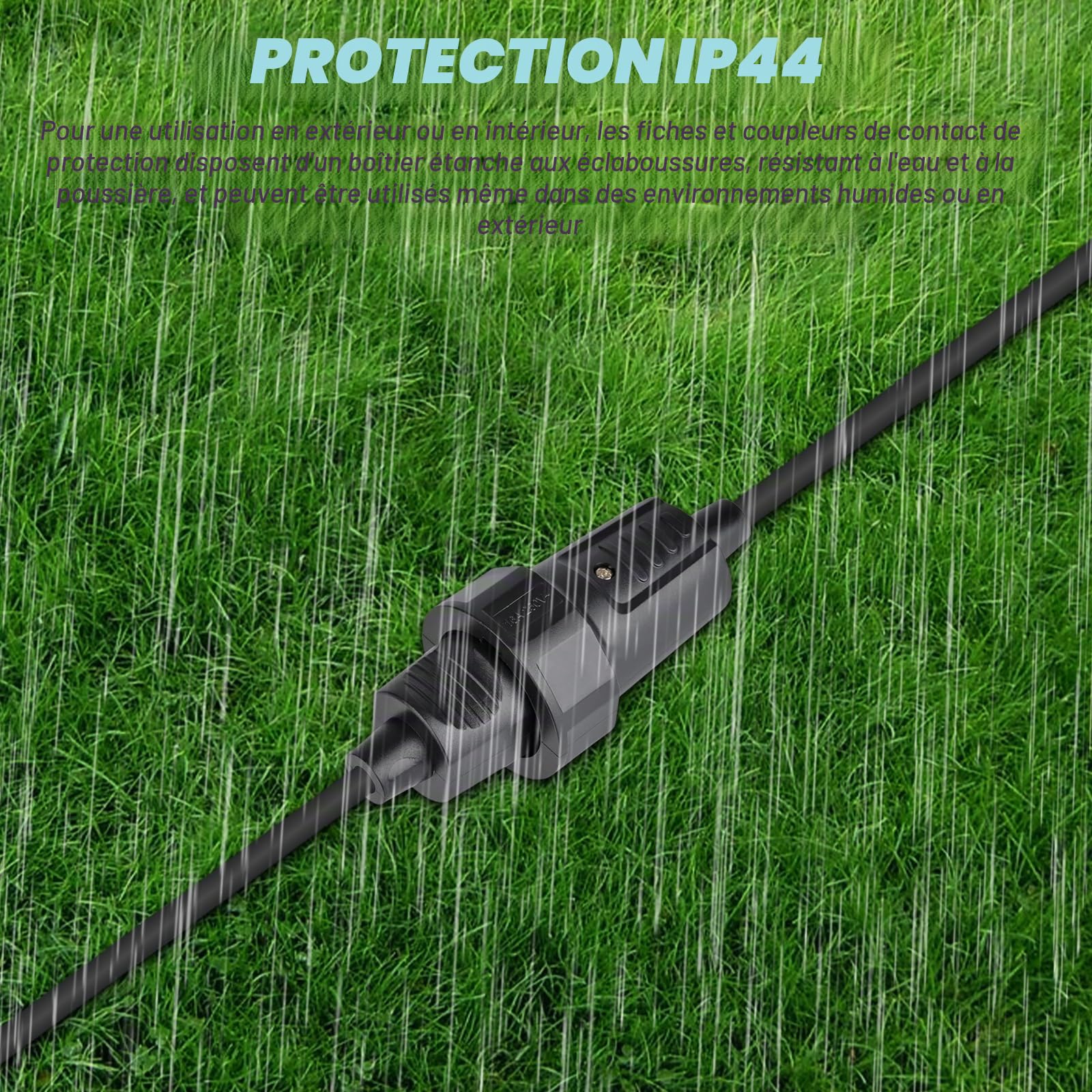 Sporgo Schuko fiche 230V IP44 prise de contact avec protection anti-torsion coupleur en caoutchouc 2 broches 16A et 3.7KW 230V Noir