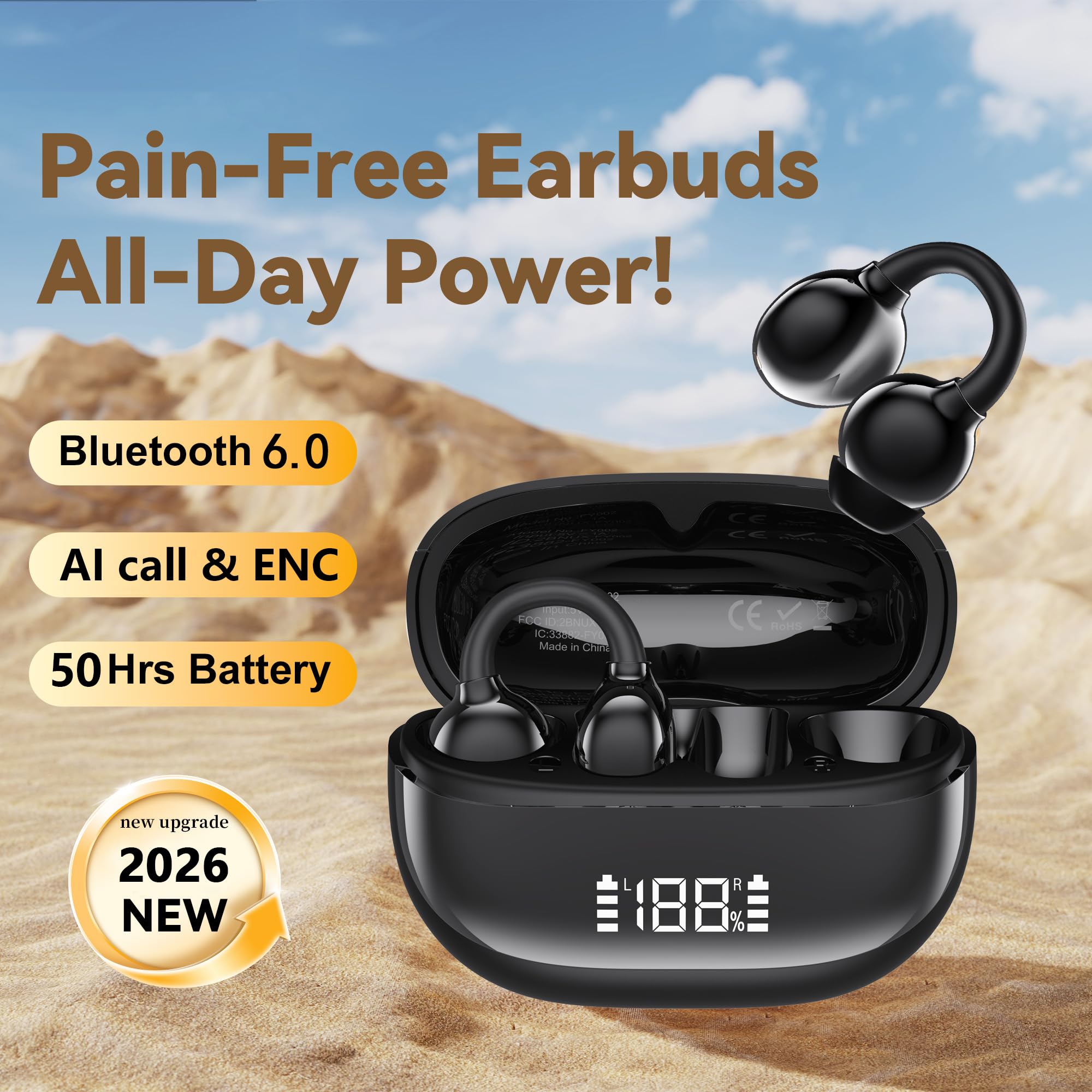 Auricolari wireless Bluetooth 6.0, con clip, con clip per orecchio aperto, 50 ore di autonomia, per allenamento sportivo, impermeabili, compatibili con iPhone e Android