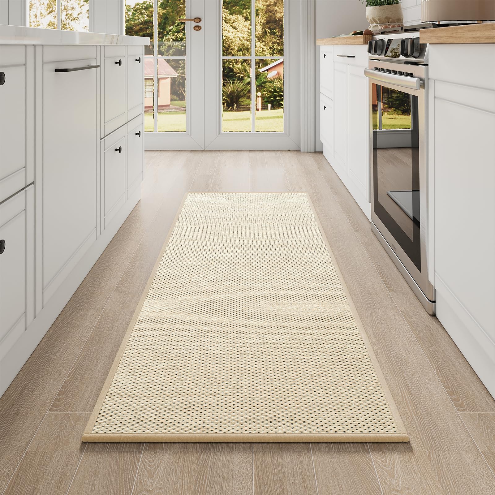 Teppich Läufer Küche 70x240cm, Chenille Küchenläufer rutschfest mit Gummi, Küchenteppich Waschbar rutschfest, Küchenmatte Saugfähig, Waschbare Teppiche für Flur, Küchen, Waschküche, Beige