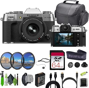 Fujifilm X-T50 Mirrorless Digital Camera XF16-50mm F2.8-4.8 R LM WR Lens Bundle Kit with 64GB Memory Card + Camara Bag + Cleaning kit + Micro HDMI Cable + More Accessories - Silver