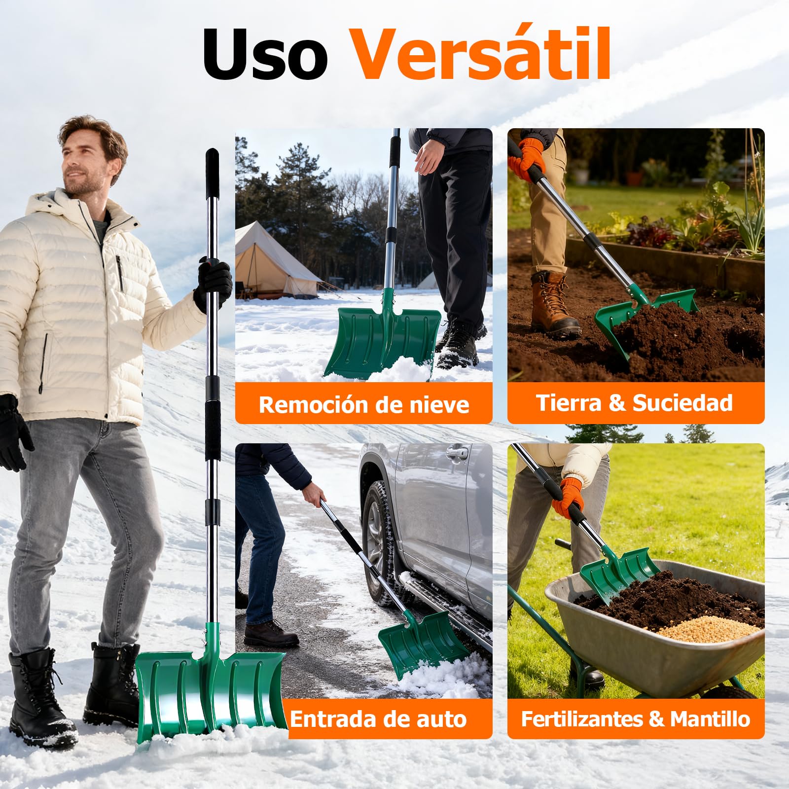 Palas de nieve con mango largo de 163 cm, pala de metal de alta resistencia con pala ancha de 41 cm, mango largo ergonómico y espuma antiescarcha para quitar la nieve de entrada, coche, mantillo