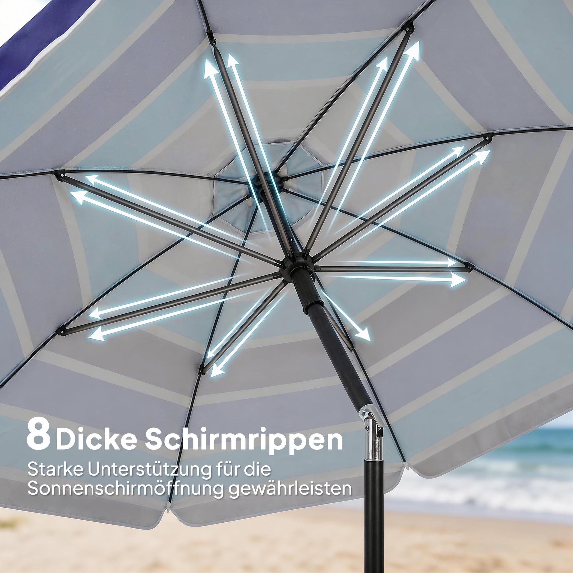 Outsunny Sonnenschirm Strand Ø198 cm UV30+ Strandschirm mit klappbar Tisch Getränkehalter verstellbarer Neigung Balkon-Schirm mit Tragetasche Haken Gartenschirm für Reisen Strand Camping Mehrfarbig