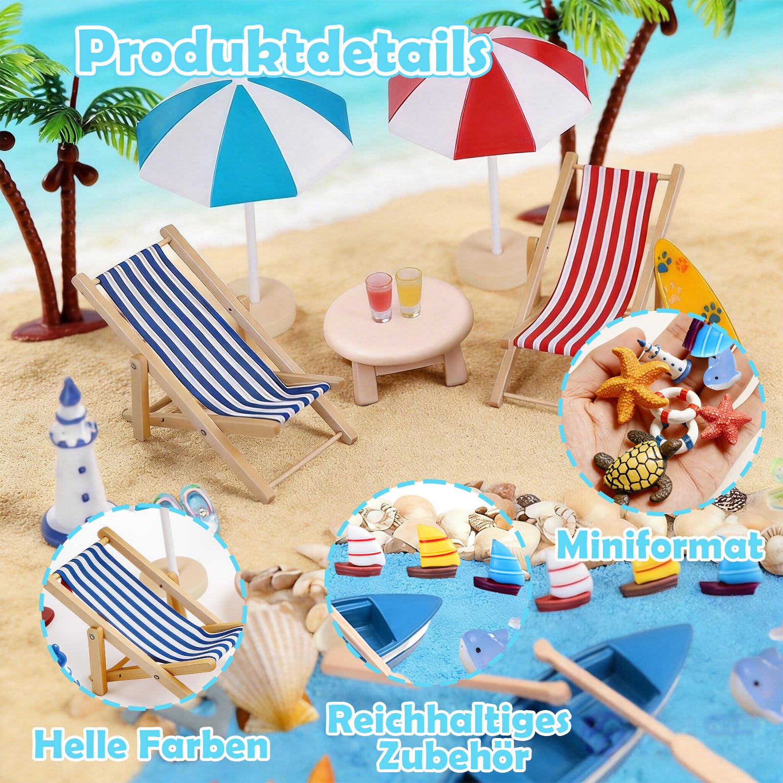Zouonou 34 Stück Strand-Mikrolandschaft Miniatur Set, Strand Deko Miniatur Zubehör Set mit Liegestuhl Deko, Sonnenschirm, Kleine Palme & Segelboot, für DIY Zen Garten, Geldgeschenk & Sommer Deko - 3
