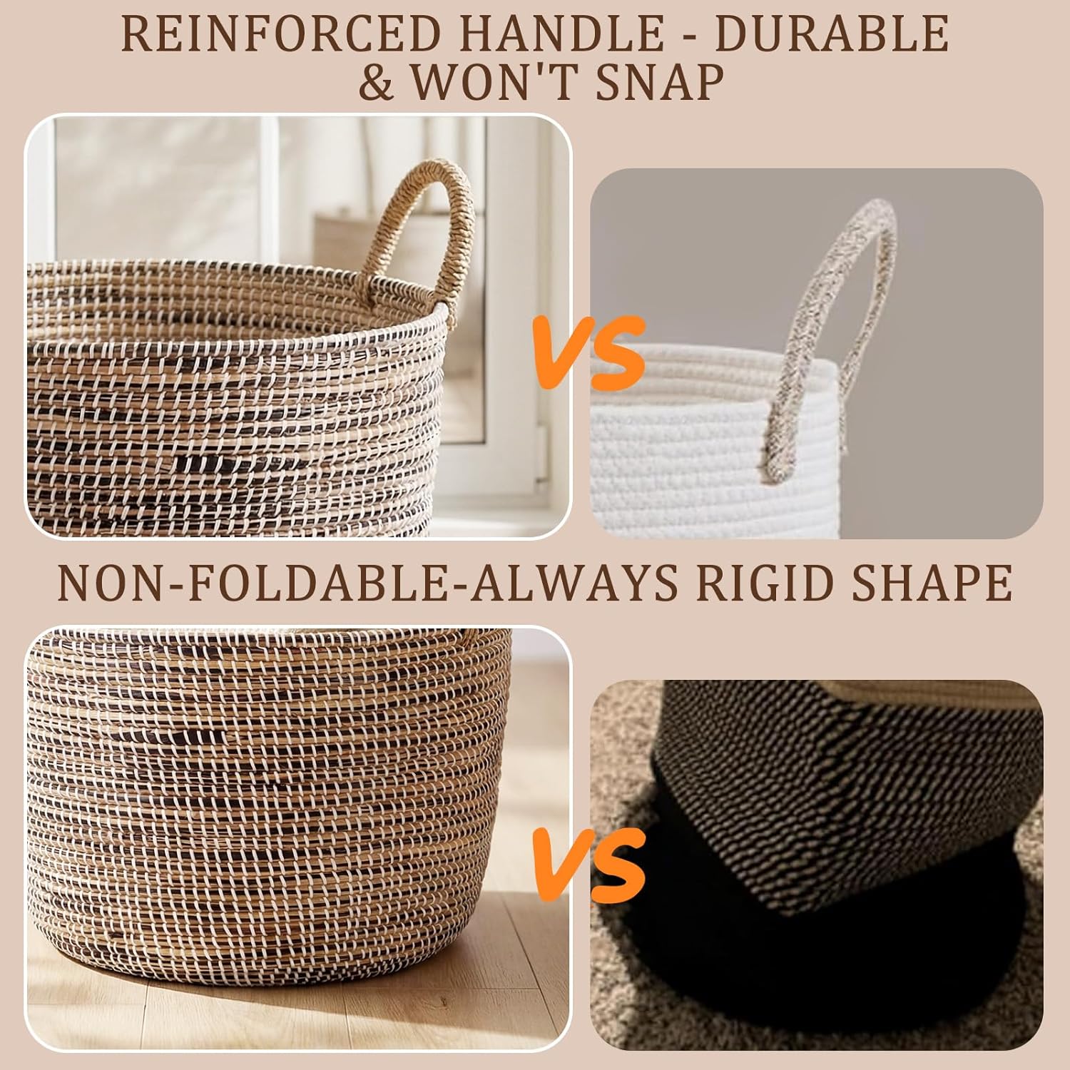Handwoven Seagrass Storage Baskets Set of 3, Large Woven Baskets with Handles for Blankets, Toys, Laundry, Nursery, Living Room and Bedroom, Natural Decorative Basket Set