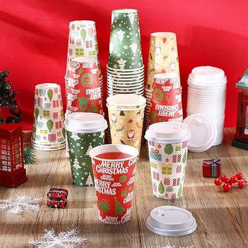 Miniatura 4 de 100 vasos de papel de café de Navidad con tapas, 16 onzas, desechables, muñeco de nieve, Papá Noel, elfo, tazas de papel para bebidas calientes de